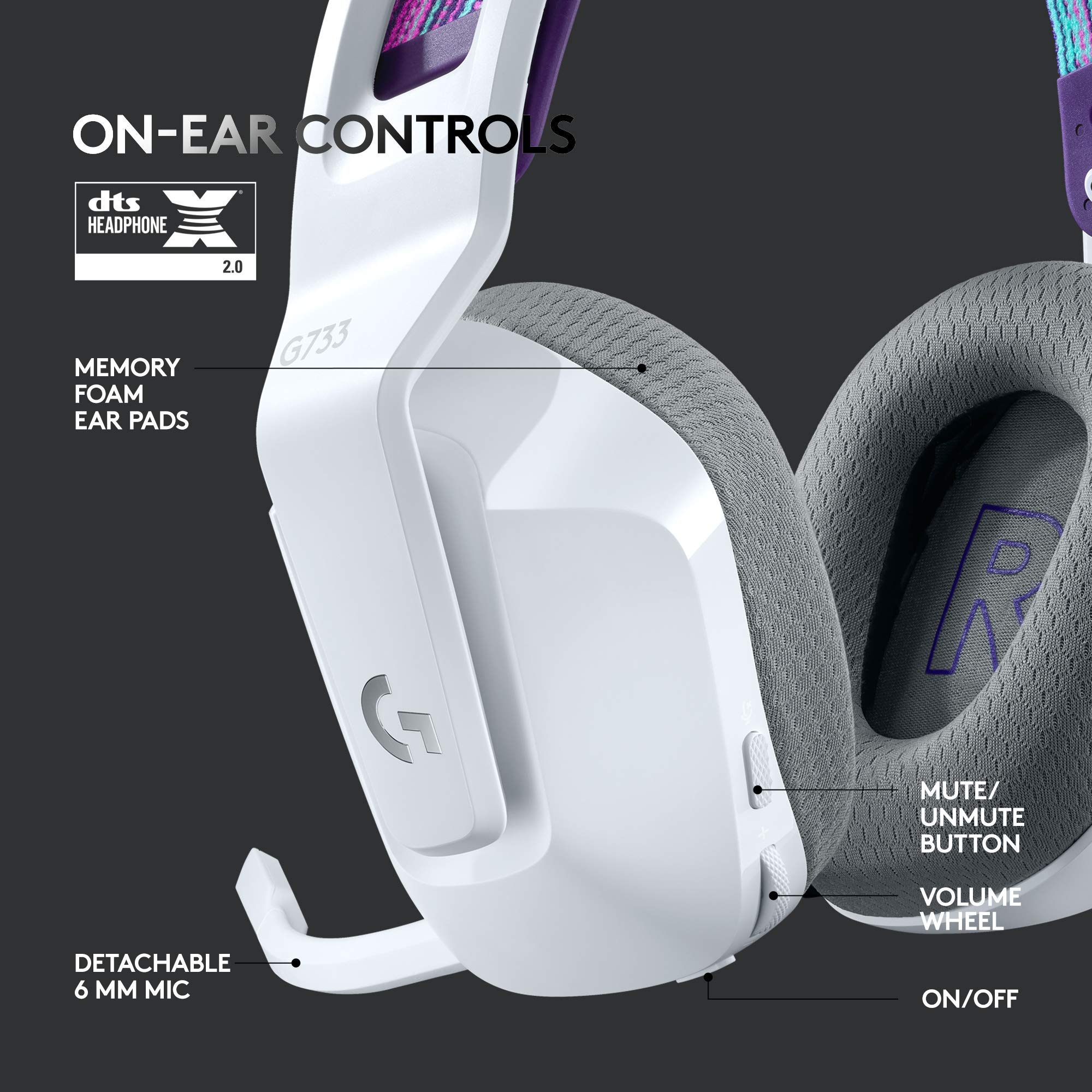 Logitech G733 LIGHTSPEED Wireless Gaming Headset with Suspension Headband, LIGHTSYNC RGB, Blue VO!CE Mic Technology & PRO-G Audio Drivers - White | PC, PS5, Xbox Series X|S Compatible for Immersive Gaming & Streaming