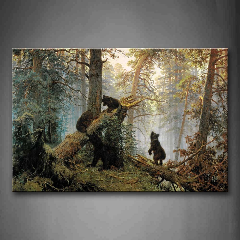 Bears Playing in Forest Broken Tree Wall Art - Canvas Animal Painting Print for Home Decor, Living Room, Bedroom & Office - Unique Gift Idea for Nature Lovers