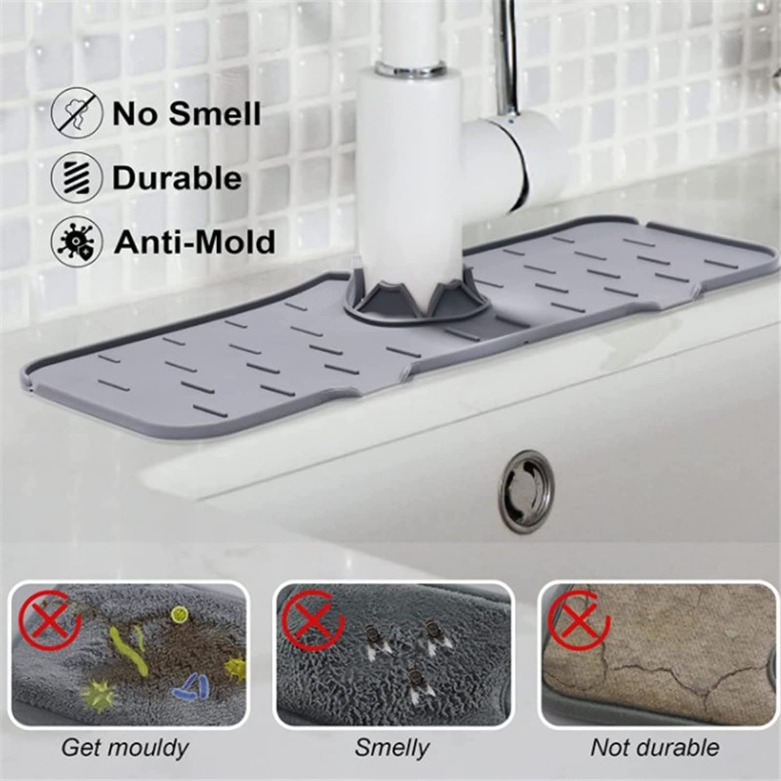 4 Pack Silicone Faucet Water Catcher Mats - Non-Slip Kitchen Sink Drip Protector, Splash Guard Countertop Mat, Sink Draining Pad for Behind Faucet (Fits Kitchen & Bathroom) - Perfect for Preventing Water Spills & Keeping Countertops Dry