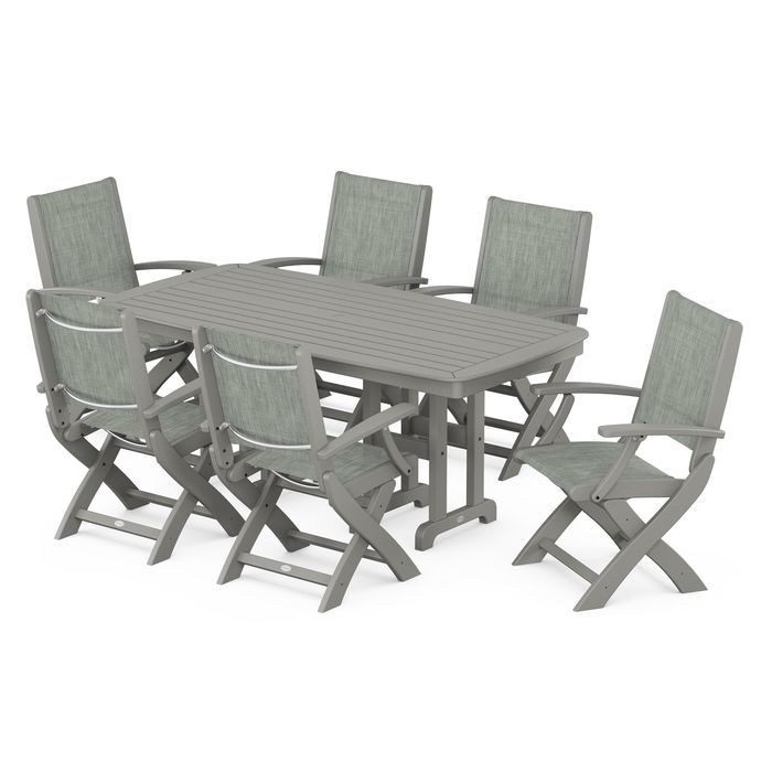POLYWOOD Coastal Folding Arm Chair 7-Piece Outdoor Dining Set - Perfect for Patio, Deck, Poolside & Beachfront Entertaining