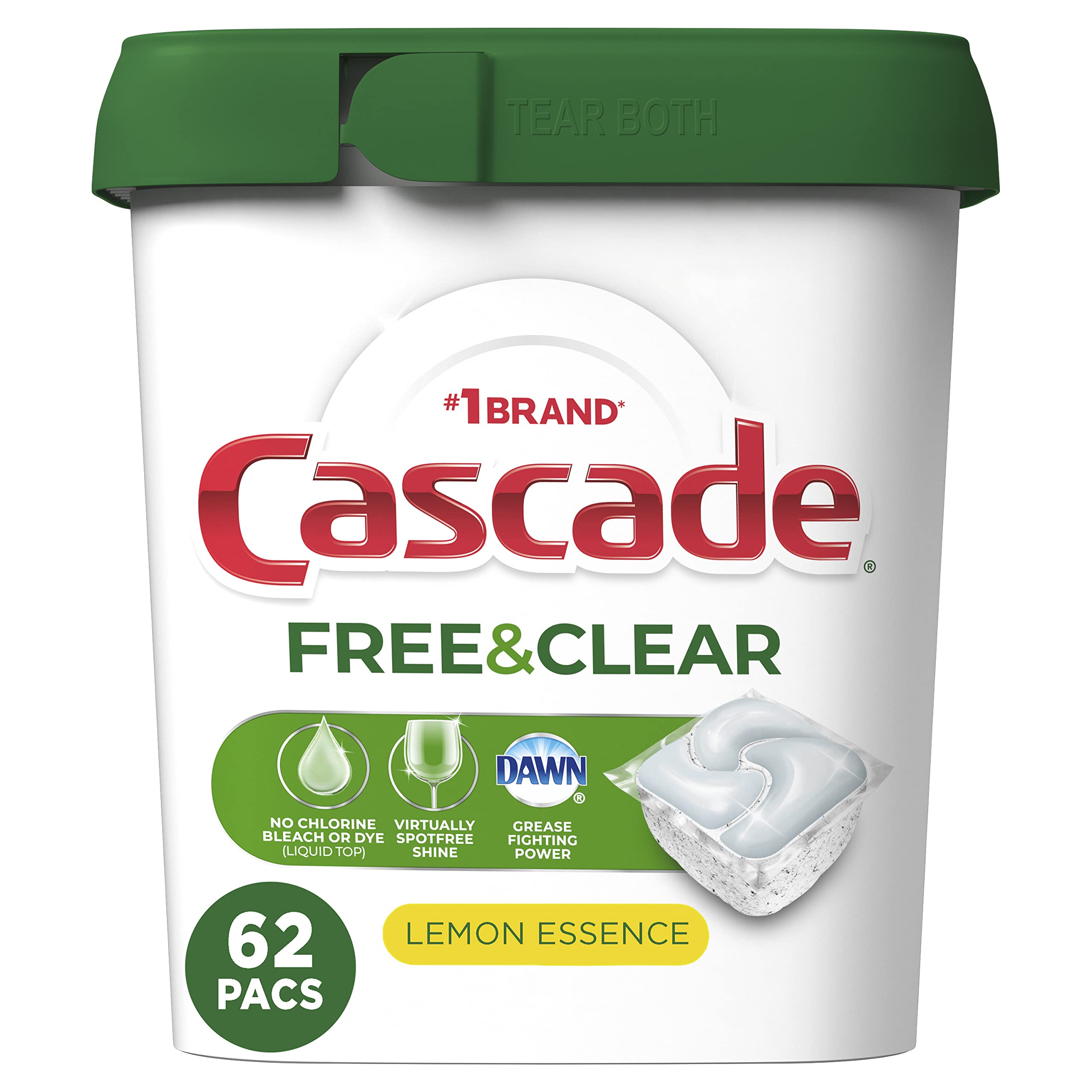 Cascade Free & Clear ActionPacs Dishwasher Detergent Pods, Lemon Scent, 62 Count - Gentle & Effective Cleaning for Dishes, Glasses & Silverware