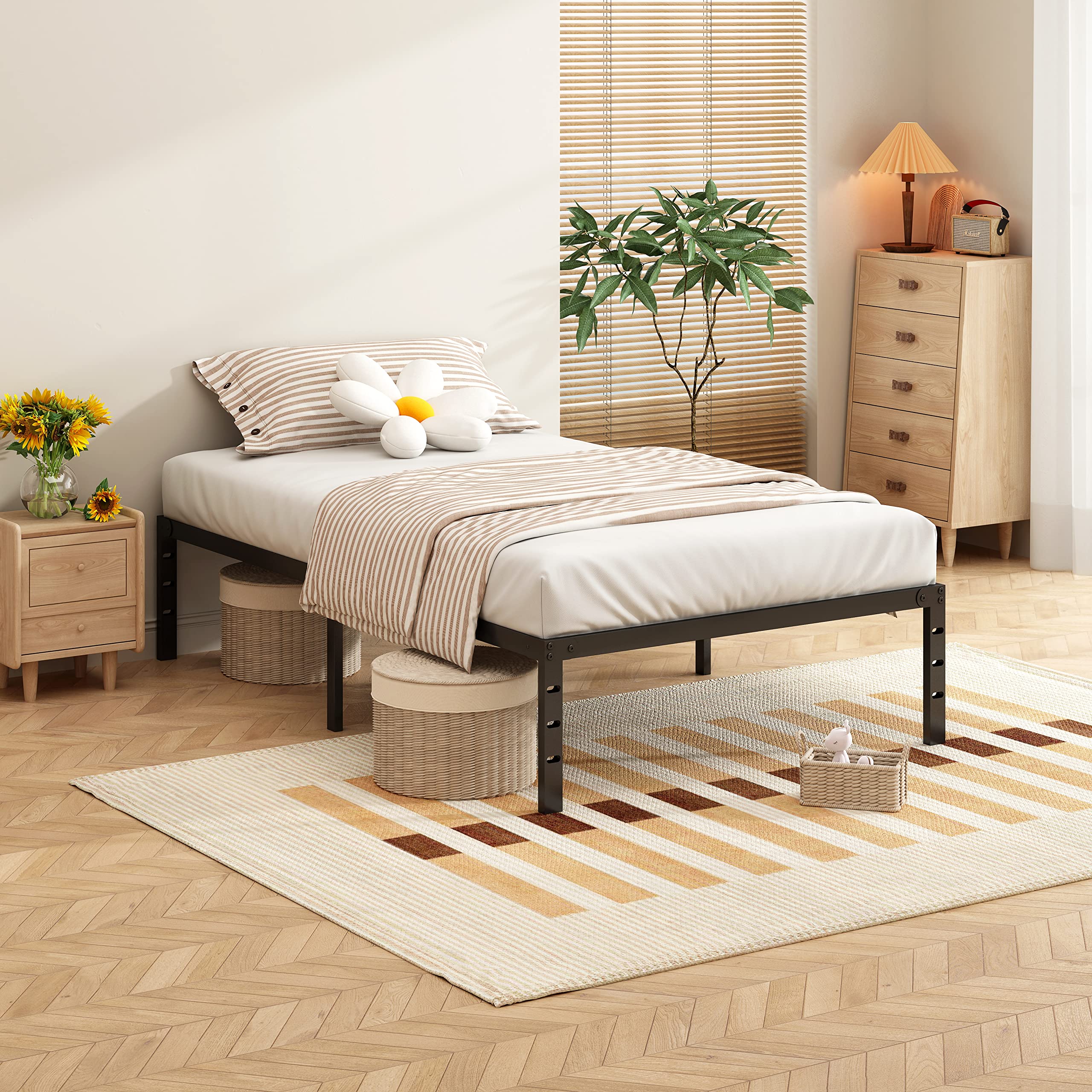 Sturdy 14 Inch Black Reinforced Metal Bed Frame with Steel Bar Support - Easy Assembly & Transport, Under Bed Storage Space - Perfect for Twin Beds in Dorms, Apartments & Guest Rooms