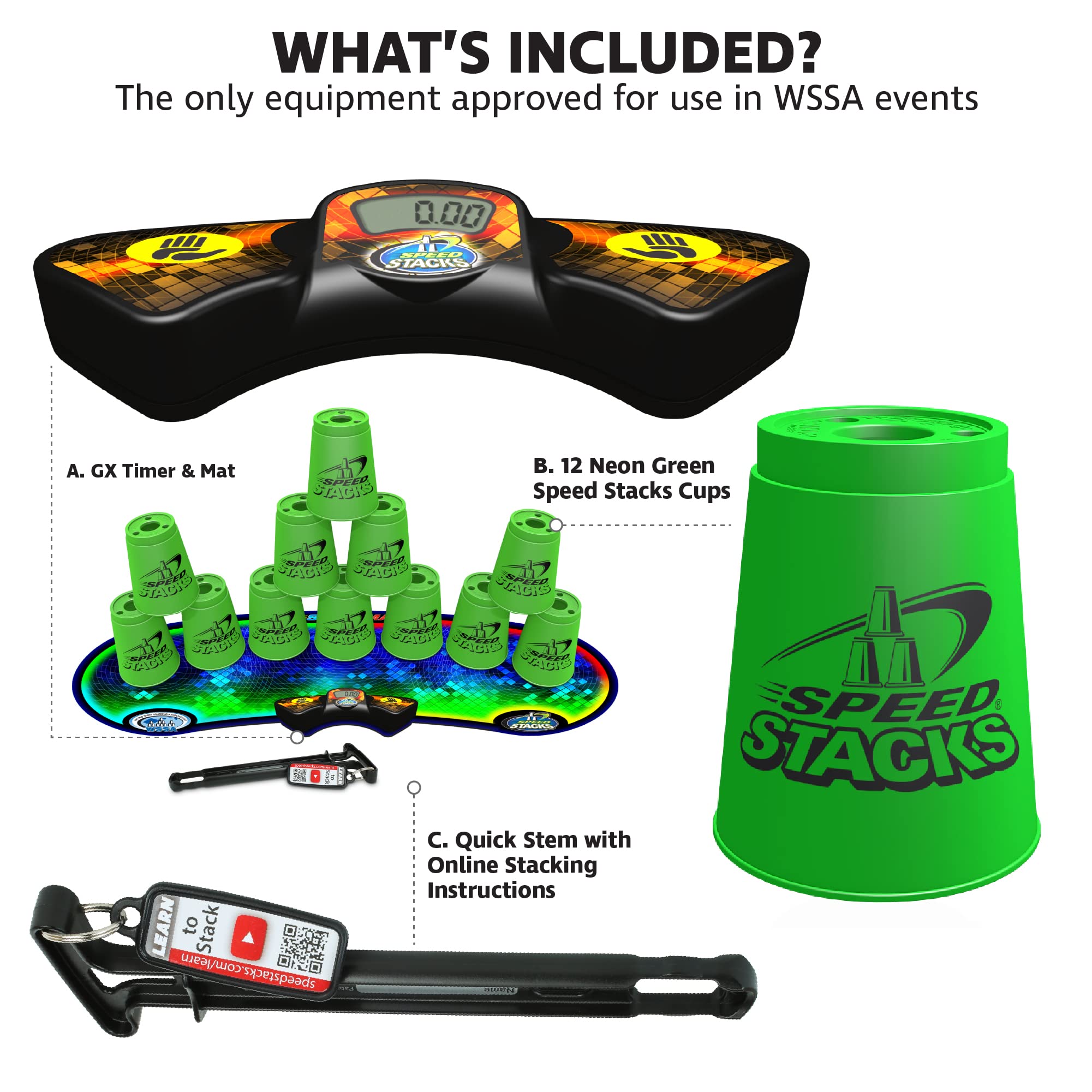 Speed Stacks Sport Stacking Cups Set - 12 Neon Green Competition Cups with GX Timer, Holding Stem & Mat | WSSA Approved | Perfect for Speed Stacking Tournaments & Family Game Nights