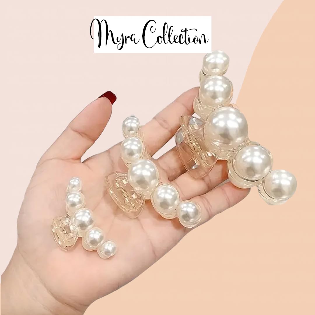 Myra Collection 3-Piece White Pearl Hair Claw Clips - Elegant & Stylish Hair Accessories for Women & Girls - Perfect for Weddings, Parties, and Everyday Wear