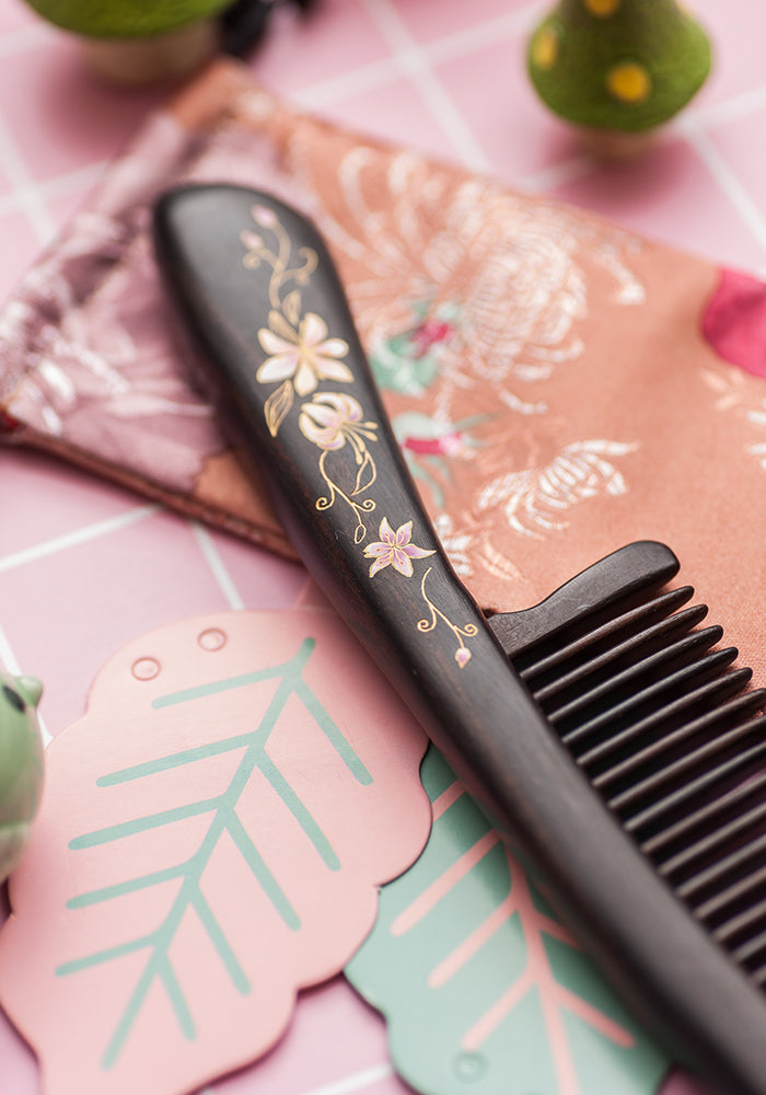 Premium Black Rosewood Hair Comb with Lily Engraving - Natural Wooden Comb for Detangling & Styling - Perfect for Weddings, Gifts & Daily Hair Care