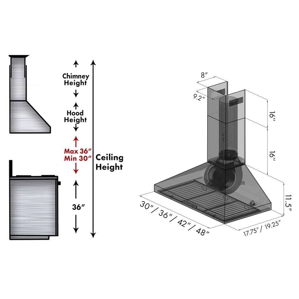 ZLINE KL3 Stainless Steel Convertible Wall Mount Range Hood - 36 Inch, 900 CFM, 3-Speed Fan - Perfect for Kitchen Ventilation & Smoke Removal in Home Cooking