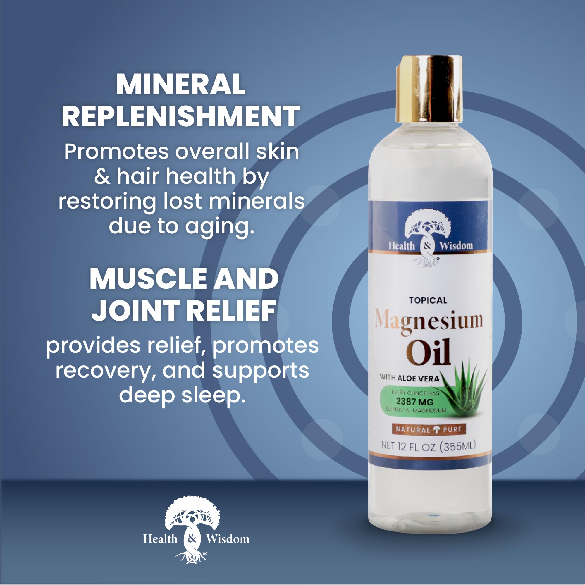 Health and Wisdom Pure Magnesium Oil with Aloe Vera - 12 Fl Oz | Transdermal Magnesium Chloride Oil for Foot Soaks, Baths & Massage | Relieves Muscle Pain, Promotes Relaxation & Better Sleep