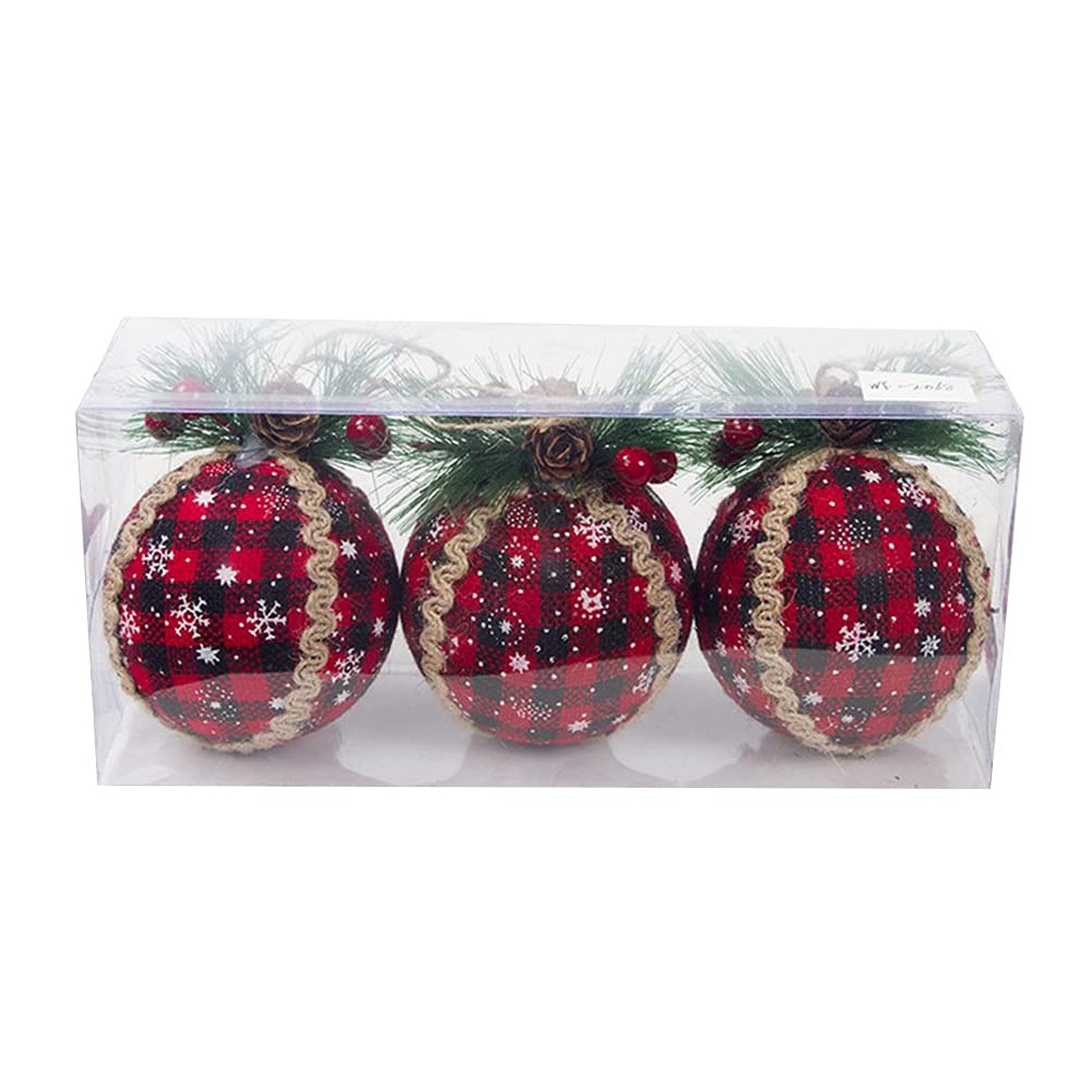 Christmas Plaid Ball Ornaments - Buffalo Plaid Fabric Tree Decor with Red Pine Cones & Greenery for Holiday Home Decor | Perfect for Xmas Tree, Mantel & Festive Party Decorations