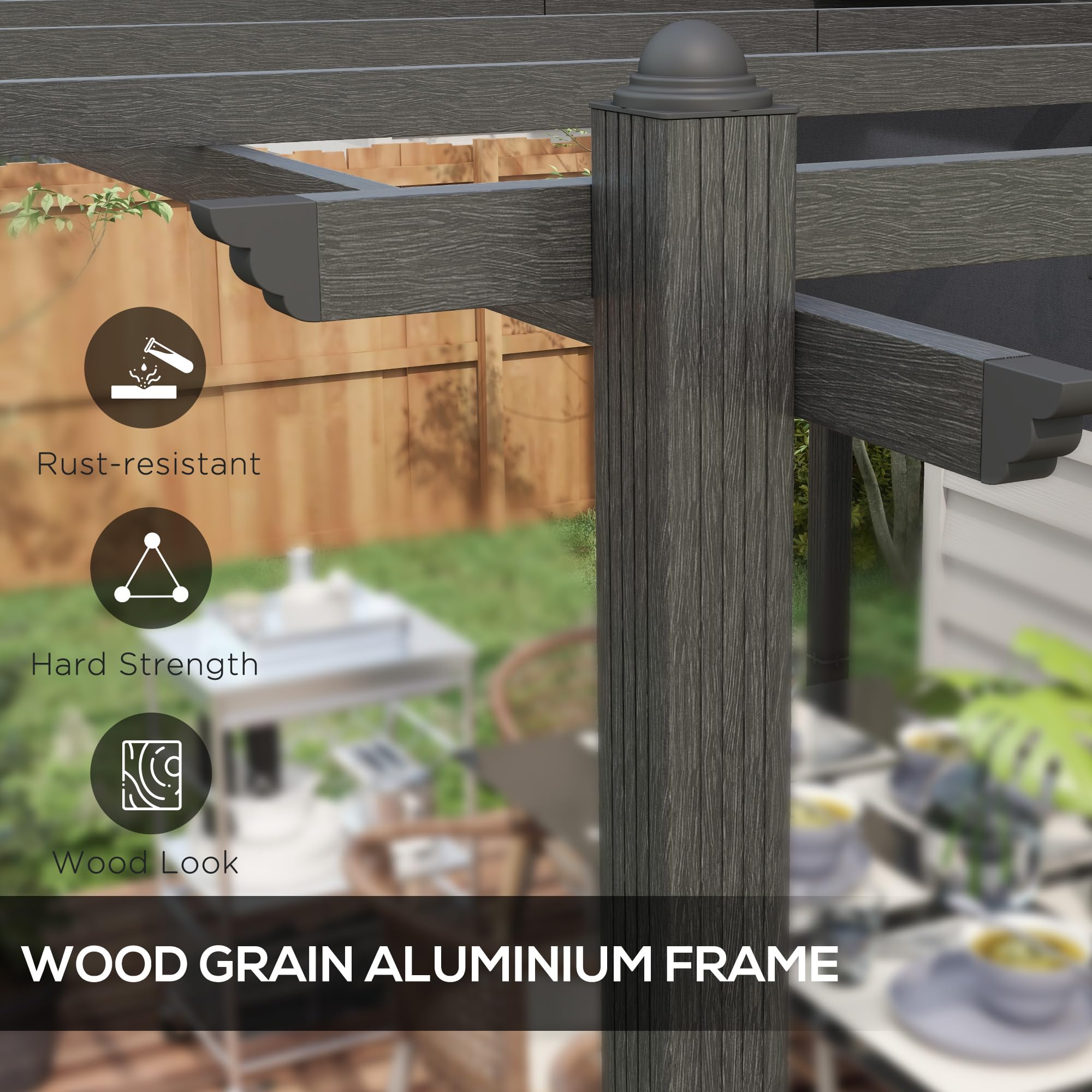 Outsunny 10' x 12' Retractable Pergola Canopy with Wood Grain Aluminum Frame - Outdoor Sun Shade Shelter for Patio, Deck, Backyard, Garden | Perfect for BBQ Grill Area, Outdoor Dining & Relaxation