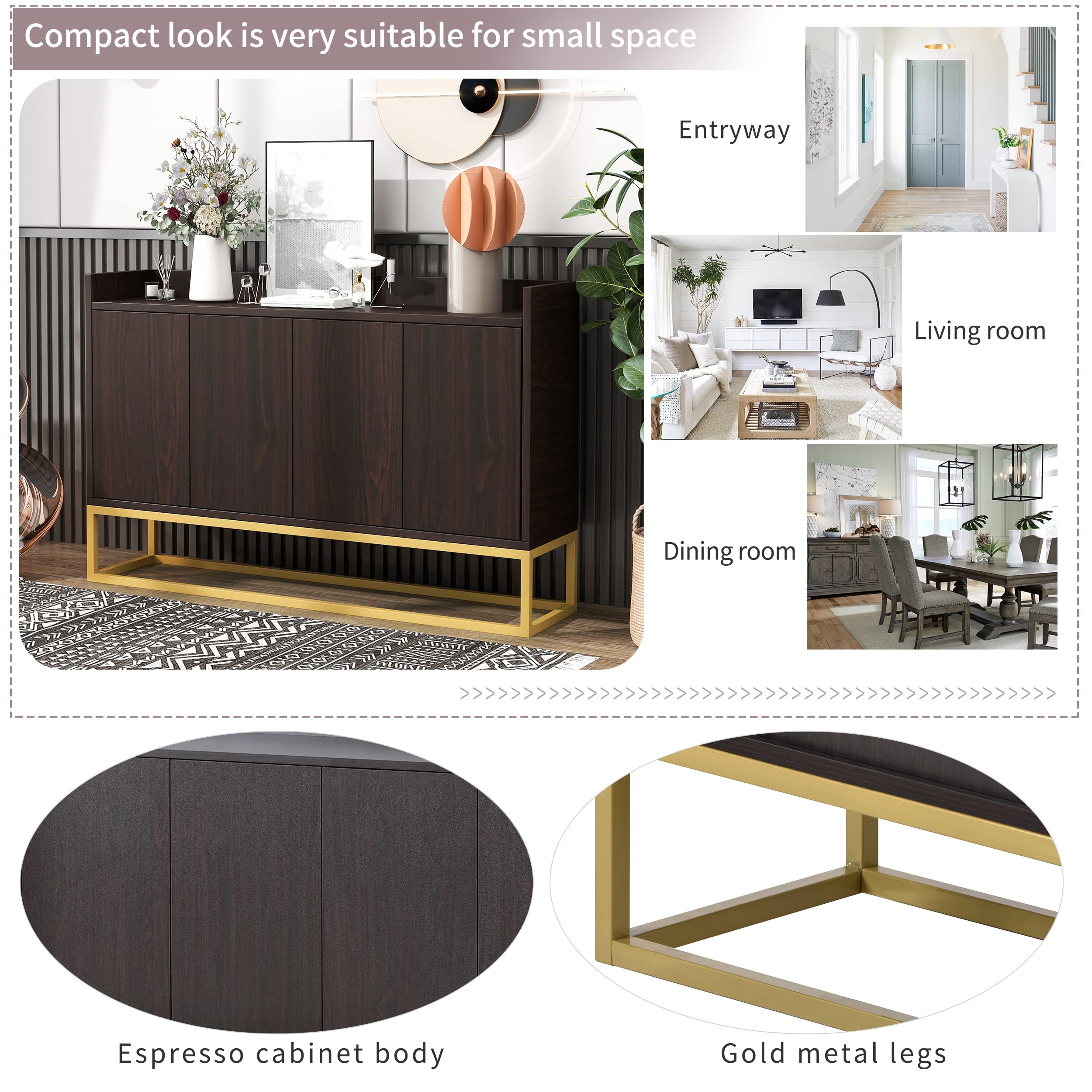 Modern Espresso Sideboard Console Table with Metal Legs & Adjustable Shelf - Elegant Buffet Cabinet for Dining Room, Living Room Storage & Home Organization