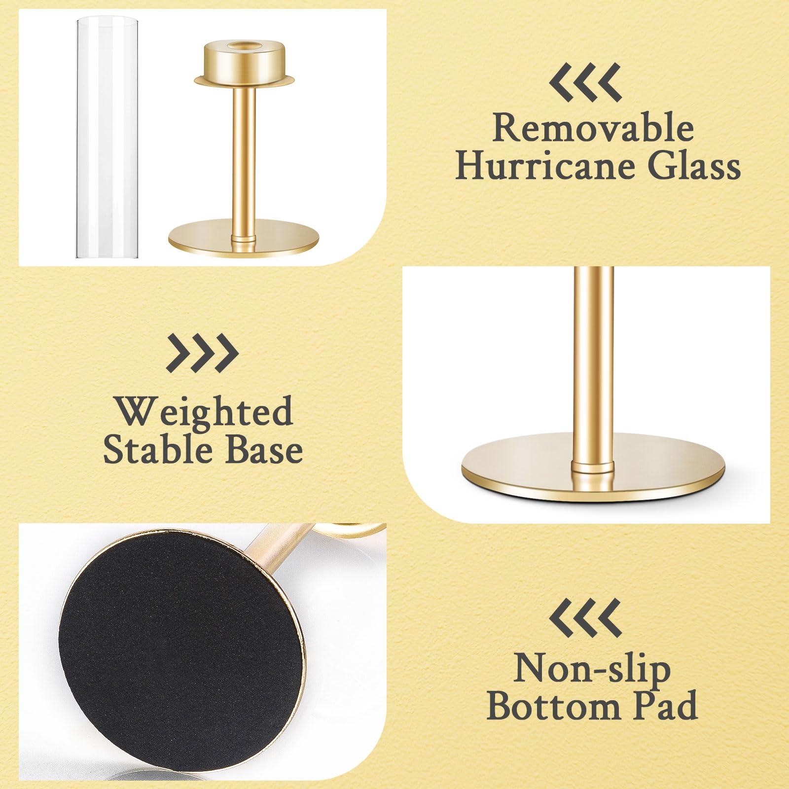 Elegant Gold Hurricane Candle Holders Set of 3 - Glass Taper Candle Sticks with Covers for Wedding Centerpieces, Christmas Decor, Romantic Dinners & Home Ambiance Lighting