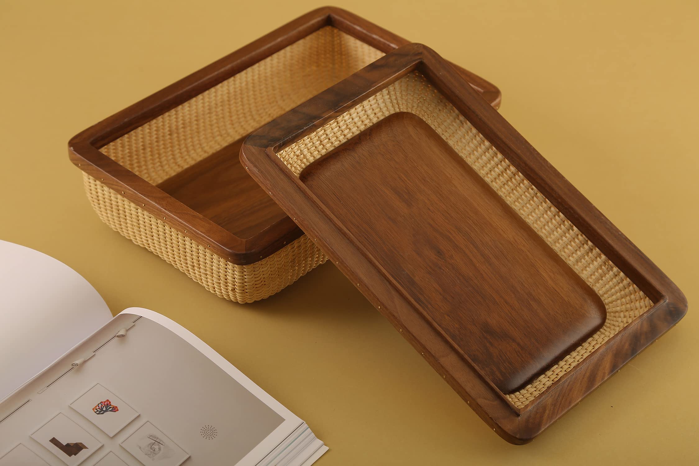 Handmade Nantucket Basket with Lid - Rectangular Cane Woven Storage Container for Home Organization | Decorative Shelf Baskets for Living Room, Bedroom & Bathroom Storage