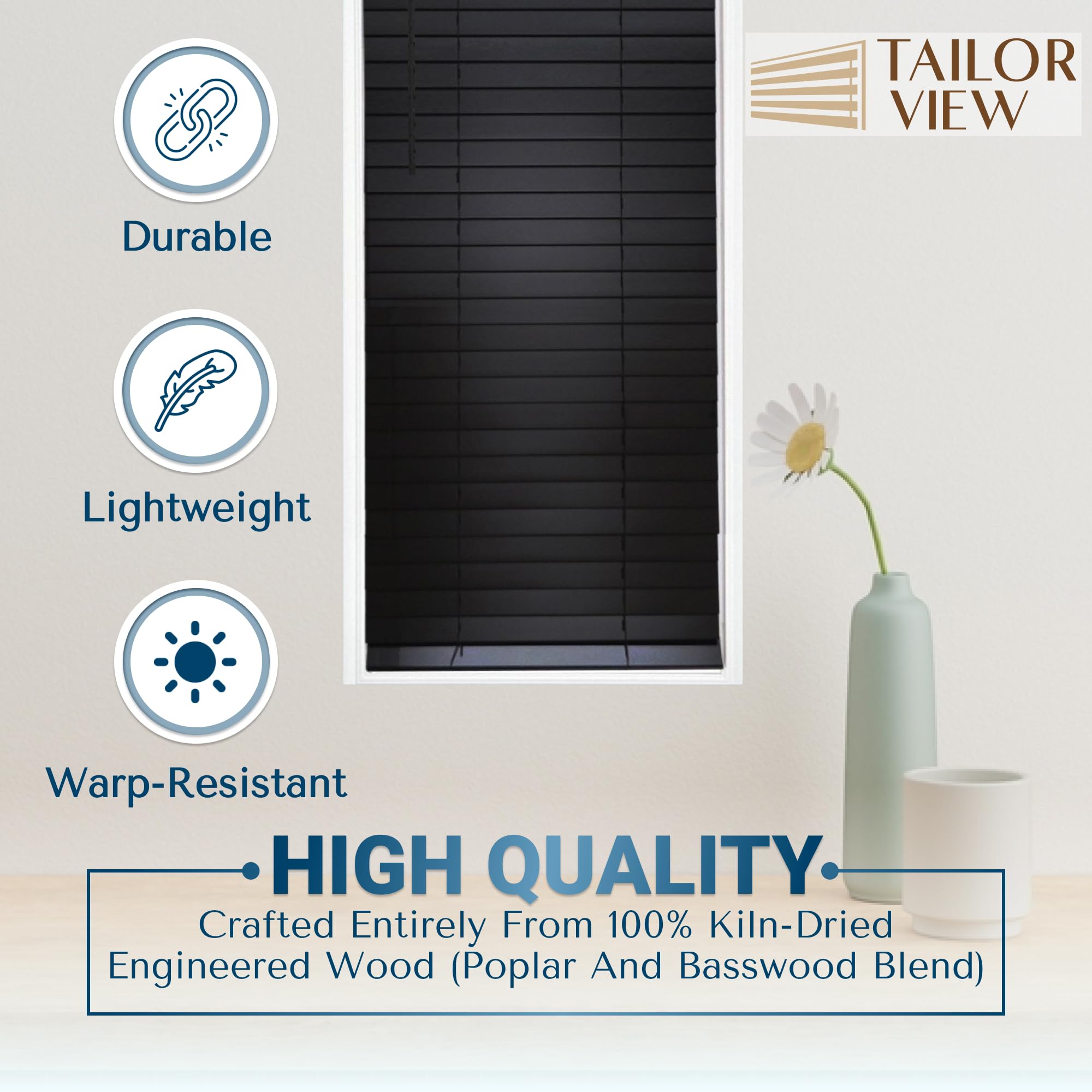 Customizable 2 Inch Wood Horizontal Cordless Window Blinds - Black - Inside/Outside Mount - Perfect for Living Room, Bedroom & Home Office