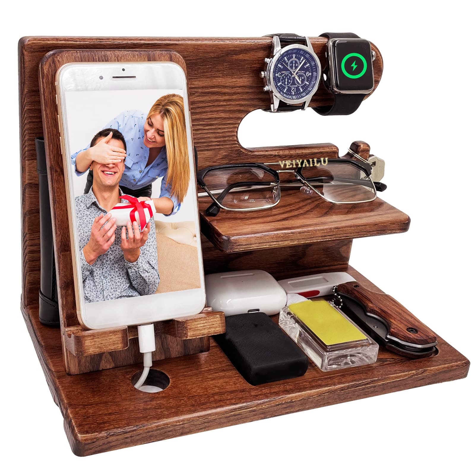 **Premium Wooden Phone Stand Holder - Best Birthday Gift for Men, Father's Day Gift from Daughter or Son - Nightstand Organizer for iPhone & Android - Elegant Brown (Perfect for Bedside, Office & Travel)**