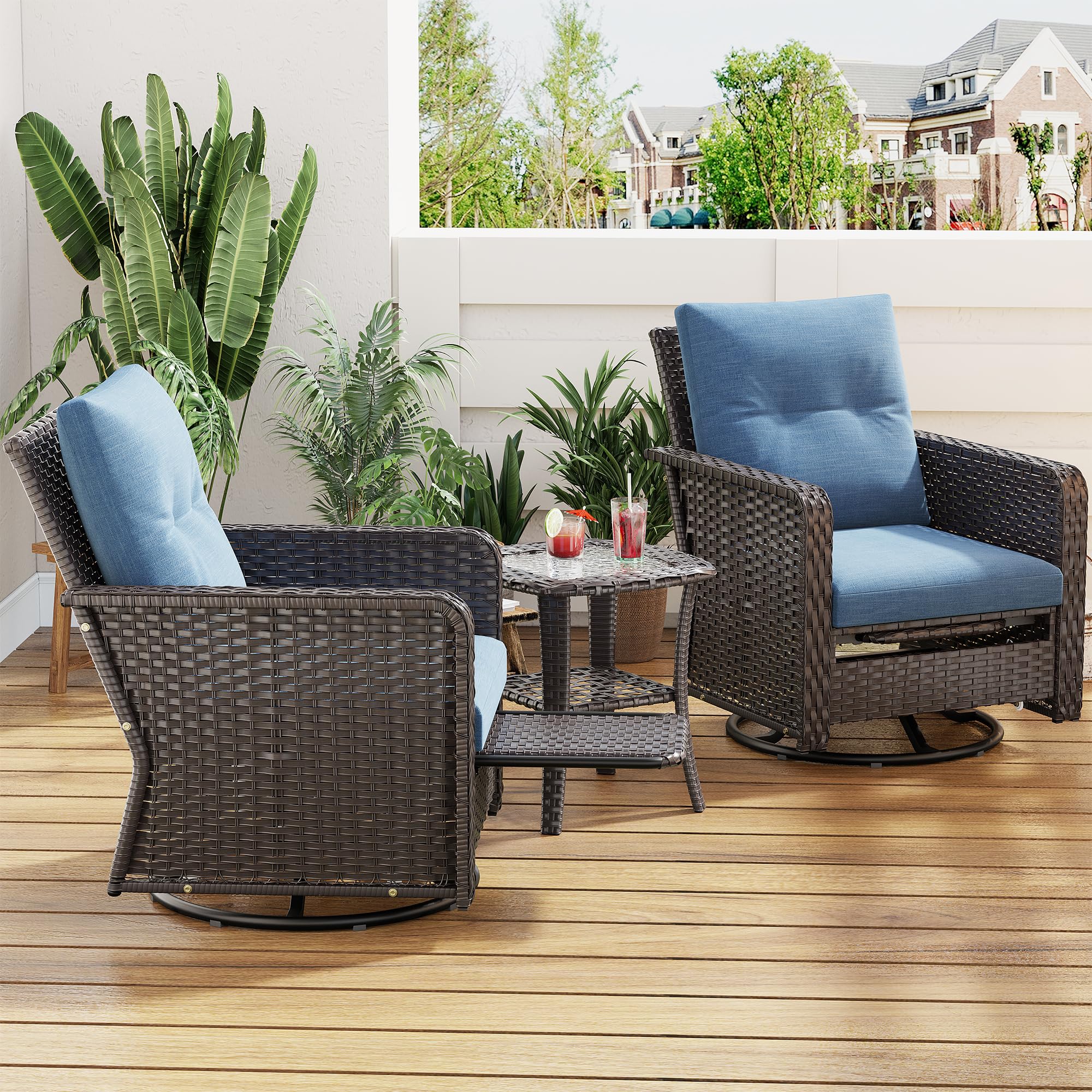 4-Seat Outdoor Patio Furniture Set with 2 Padded Rocking Chairs & Wicker Sofa - Blue Cushion for Backyard, Garden, Poolside Relaxation and Conversation