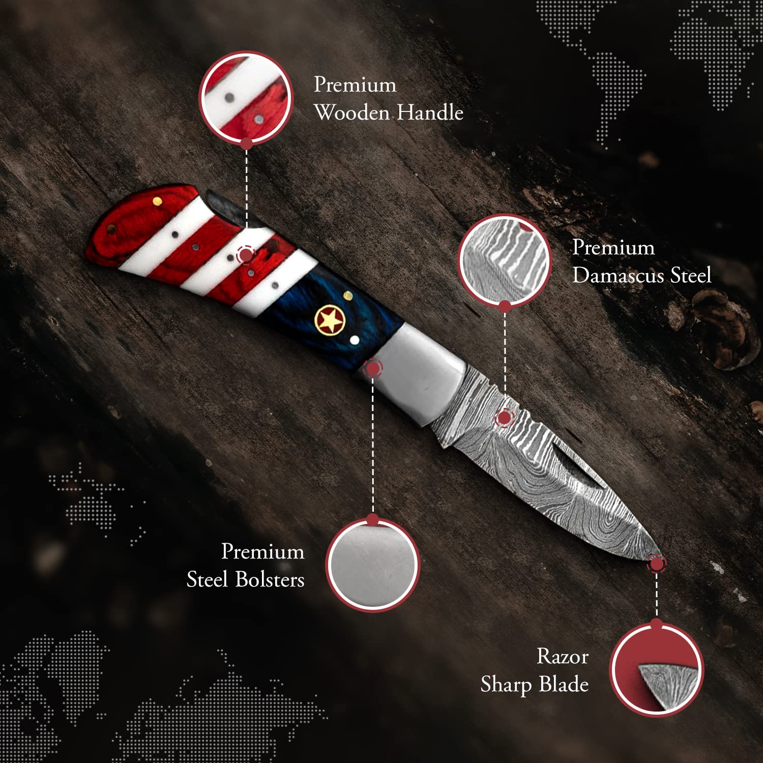 Premium Handmade Damascus Steel American Flag Pocket Knife - USA Patriotic Folding Knife with Sheath (7.25 Inch) - Perfect for Camping, Hunting, Survival & Outdoor Adventures
