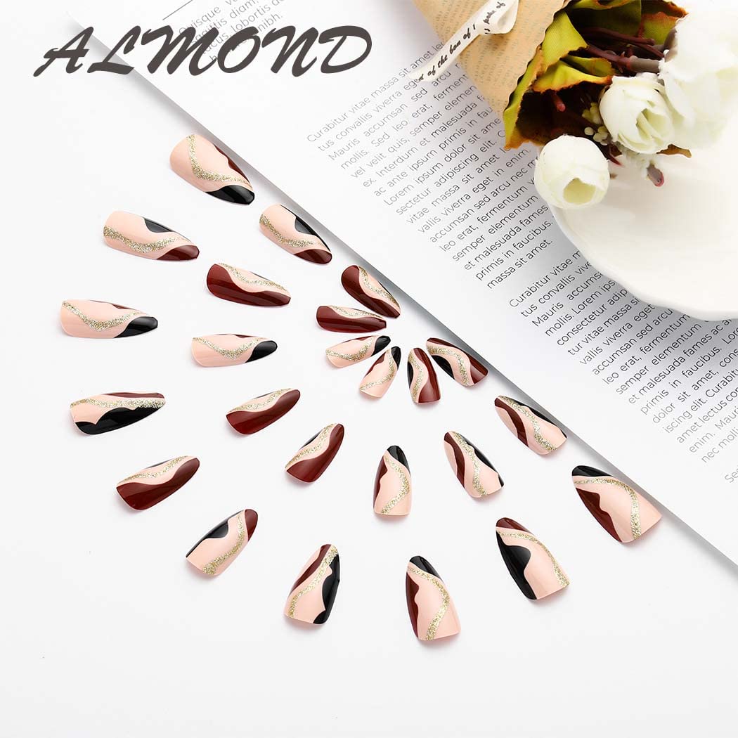 Almond Shape Press on False Nails - Brown Glossy Medium Length Fake Nails with Abstract Stripes Design - 24PCS Acrylic Nail Art Kit for Manicure & Decoration | Perfect for Parties, Weddings & Everyday Wear