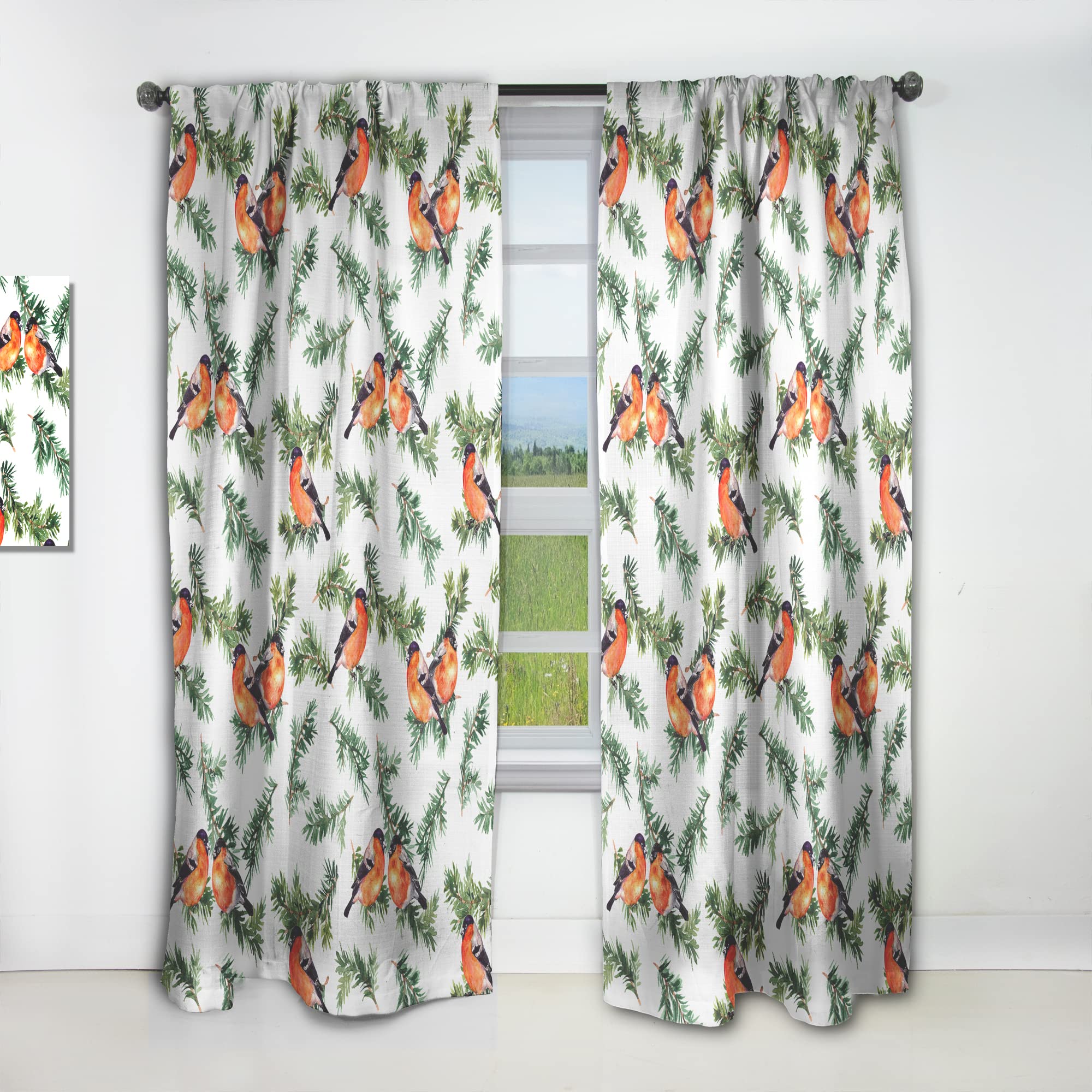 Thermal Insulated Single Panel Curtains - Robin Birds on Pine Branch Design (52x90) for Bedroom & Living Room - Blackout Drapes for Home Decor & Temperature Control
