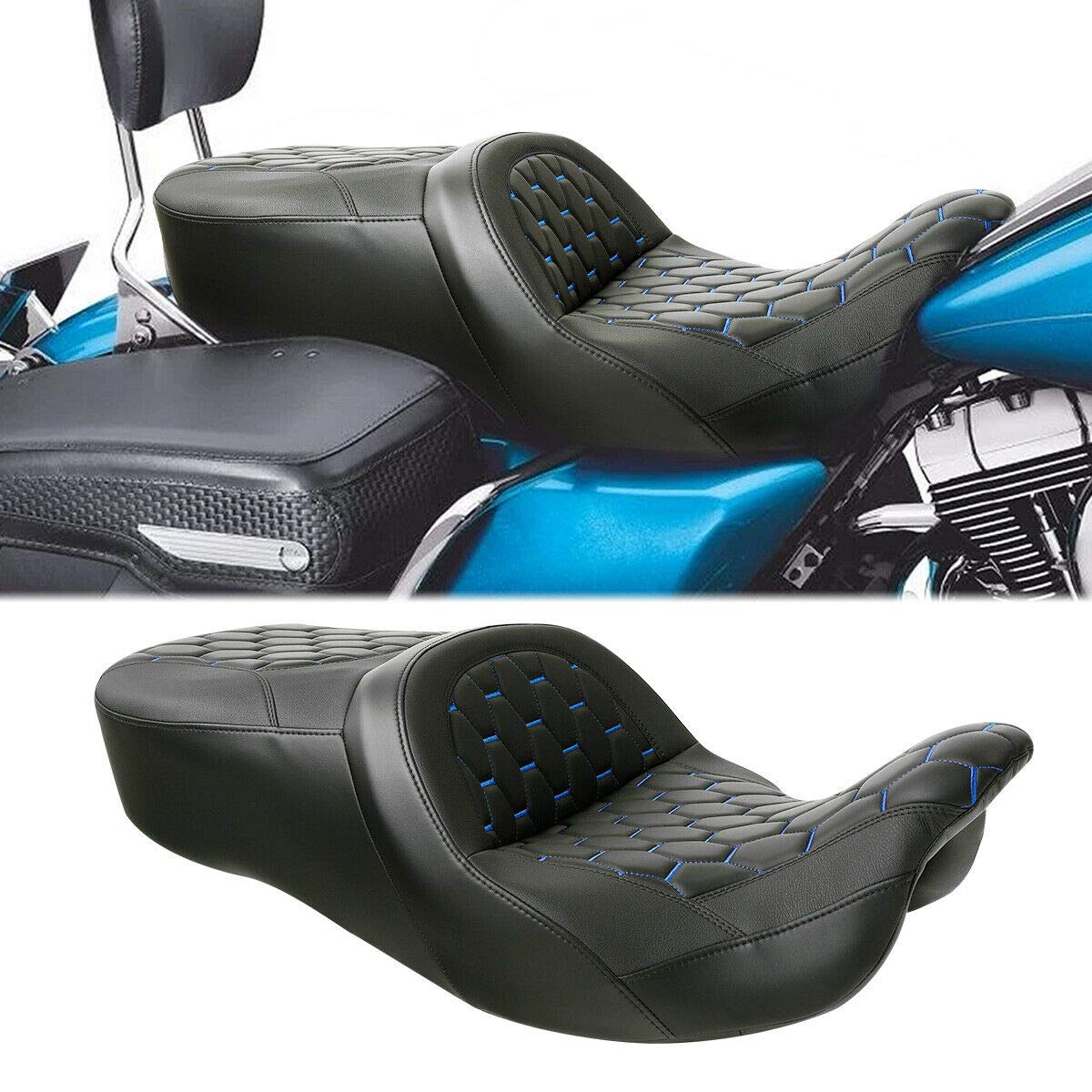 Premium Two-Up One-Piece Rider Passenger Seat for Harley Touring Models (Road King, Street Glide, Road Glide 2009-2023, Electra Glide, Tri Glide, Ultra Classic 2009-2013) - Comfortable Long-Distance Riding & Passenger Safety for Cruiser Motorcycles