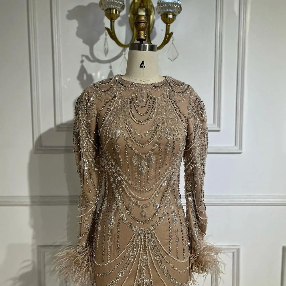 Serene Hill Bling Caramel Mermaid Evening Dress with Feather & Pearls - Women's Arabic Prom Formal Gown for Wedding, Party & Special Occasions | Elegant LA72482 Dress for Night Out & Red Carpet Events