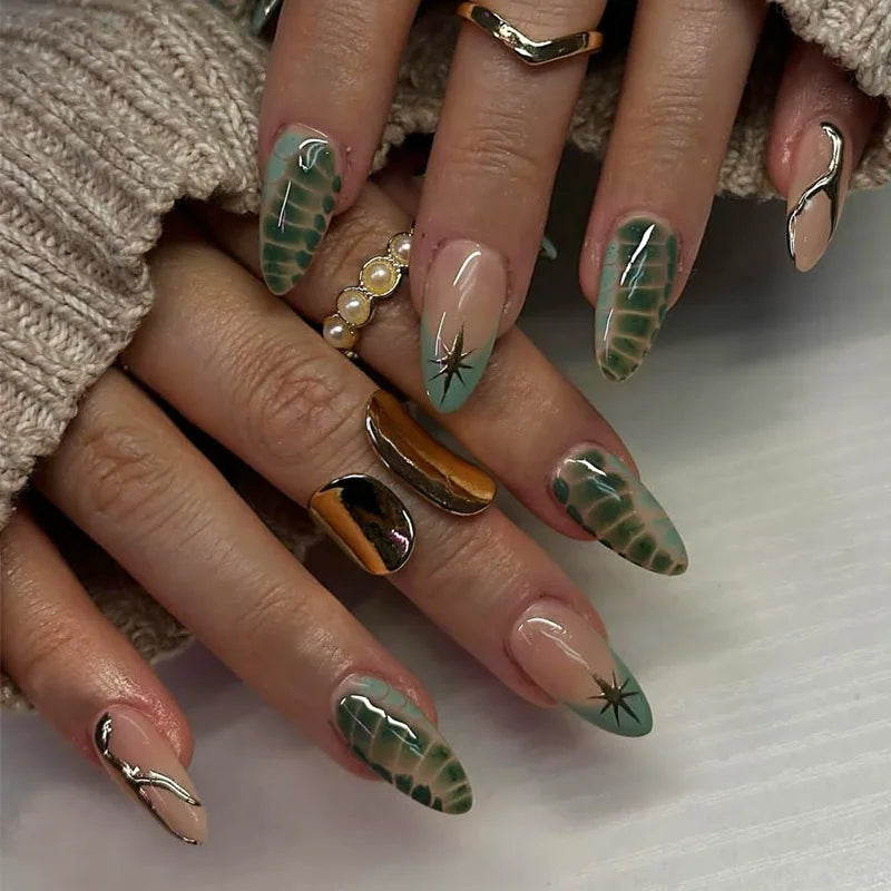 24Pcs Retro Press on Fake Nails - Almond Oval Gold Star Nails with Studded Diamond Designs - Detachable Cool Manicure Art Set for Women - Perfect for Parties, Weddings, and Special Occasions