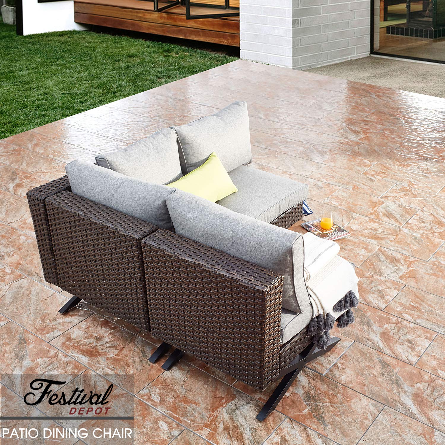 Festival Depot Wicker Patio Chair - Armless Rattan Dining Chair with Thick Cushions, All-Weather Outdoor Furniture for Garden, Yard, Poolside - Perfect for Relaxing, Dining & Entertaining Outdoors