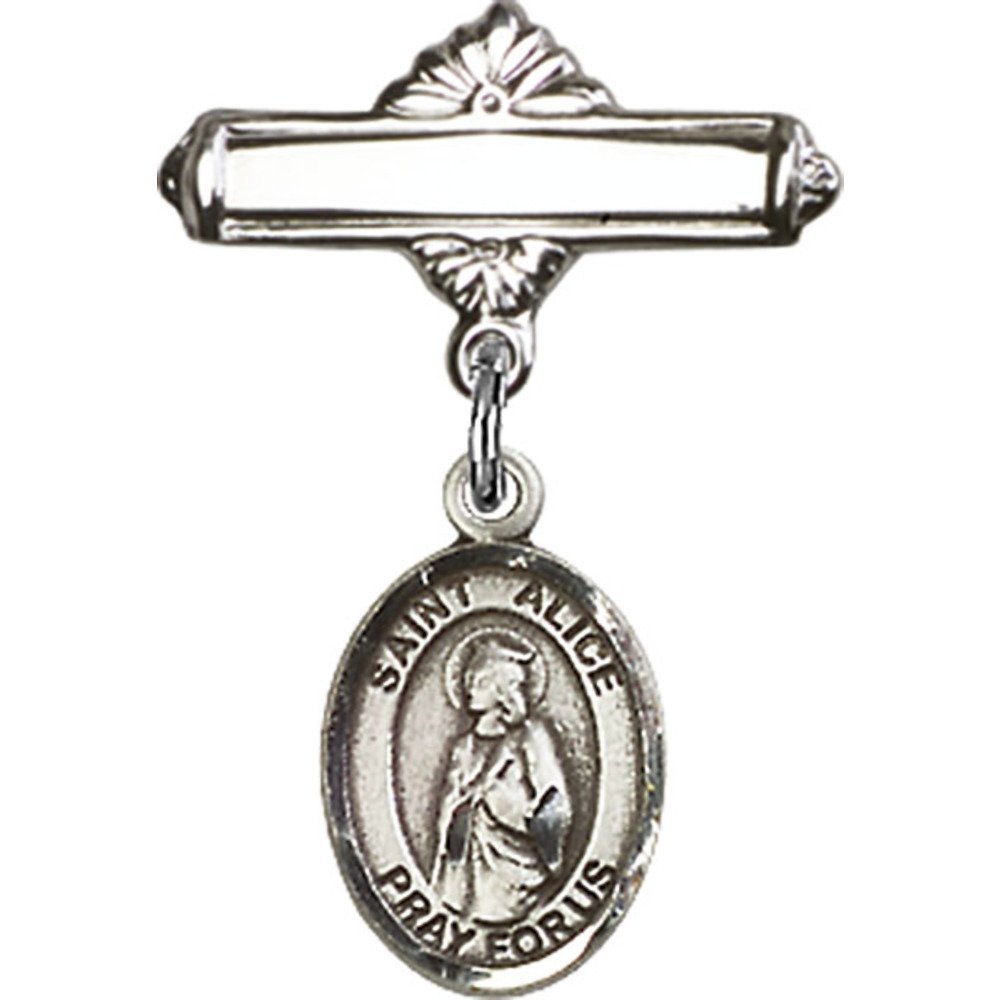 1 X 5/8 Inch Sterling Silver Baby Badge with St. Alice Charm & Polished Pin - Perfect for Christenings, Baptisms & Baby Shower Gifts