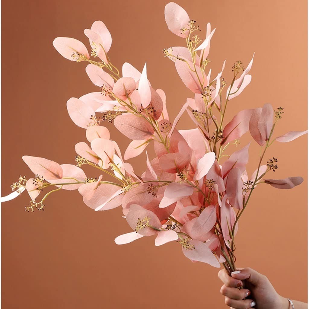 Artificial Silk Eucalyptus Bouquet - Pink Fake Flower Arrangement for Home Decor, Wedding Centerpieces, and Office Desk Decorations