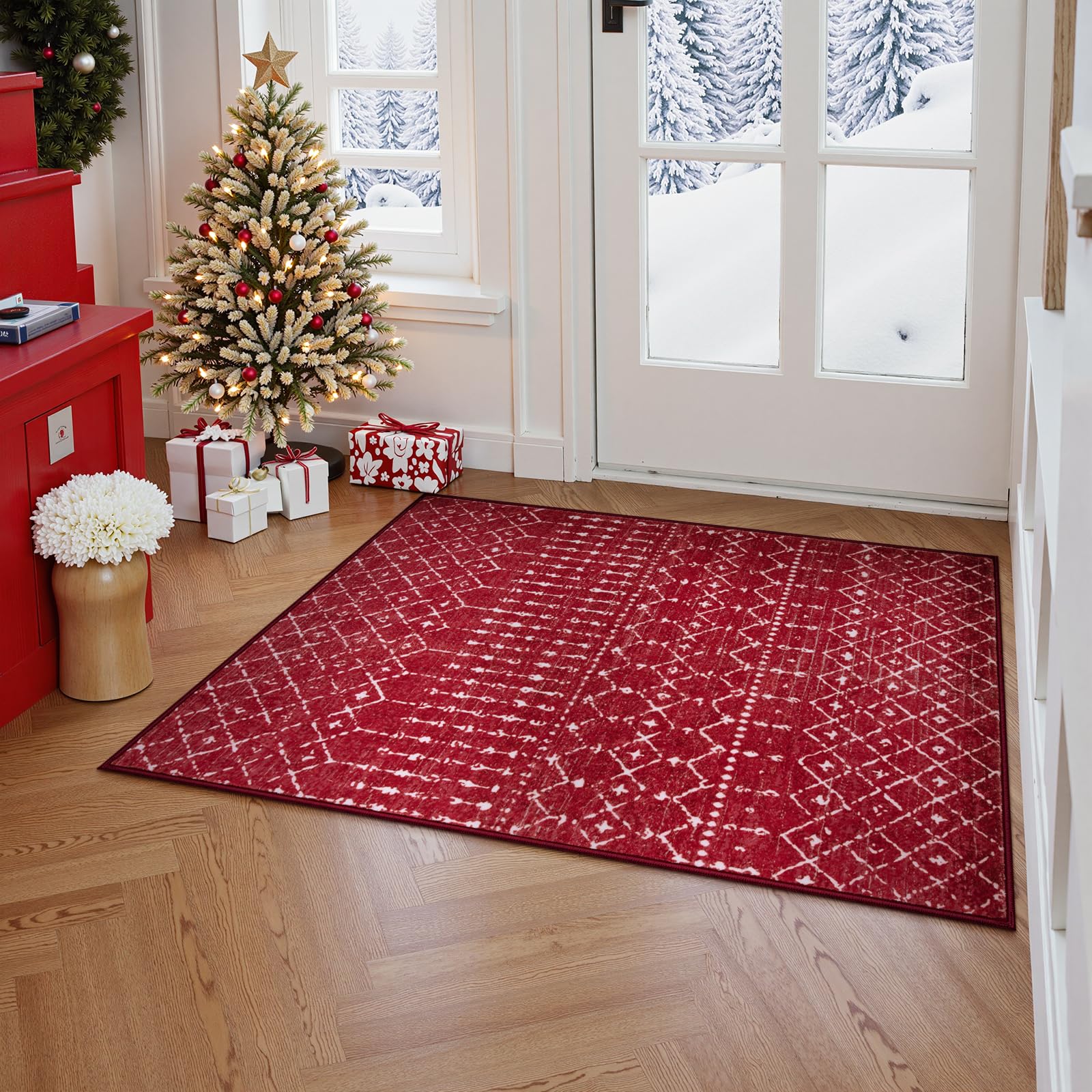 Beeiva Moroccan Christmas Entryway Rug 2x3 ft - Washable Non-Slip Rubber Backed Geometric Small Rug for Kitchen, Bathroom, Living Room - Soft Low-Pile Throw Rug in Red - Perfect for Holiday Decor & High Traffic Areas