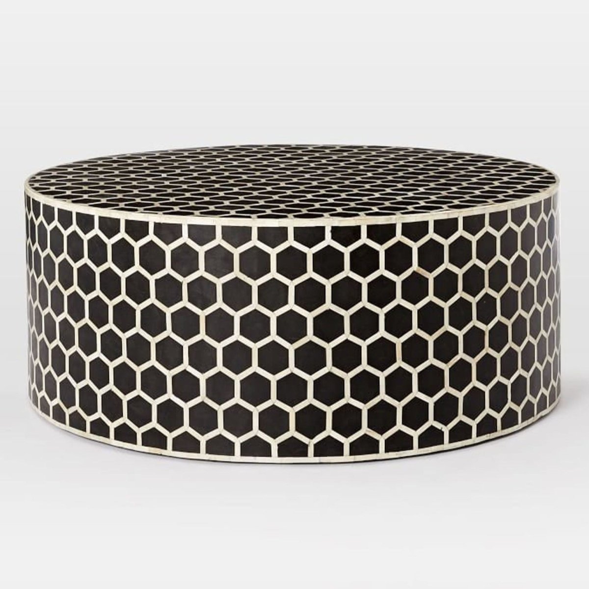 Handmade Bone Inlay Honeycomb Design Round Coffee Table - Black Wooden Accent Table for Living Room, Lounge & Office Decor | Modern Boho Home Furniture