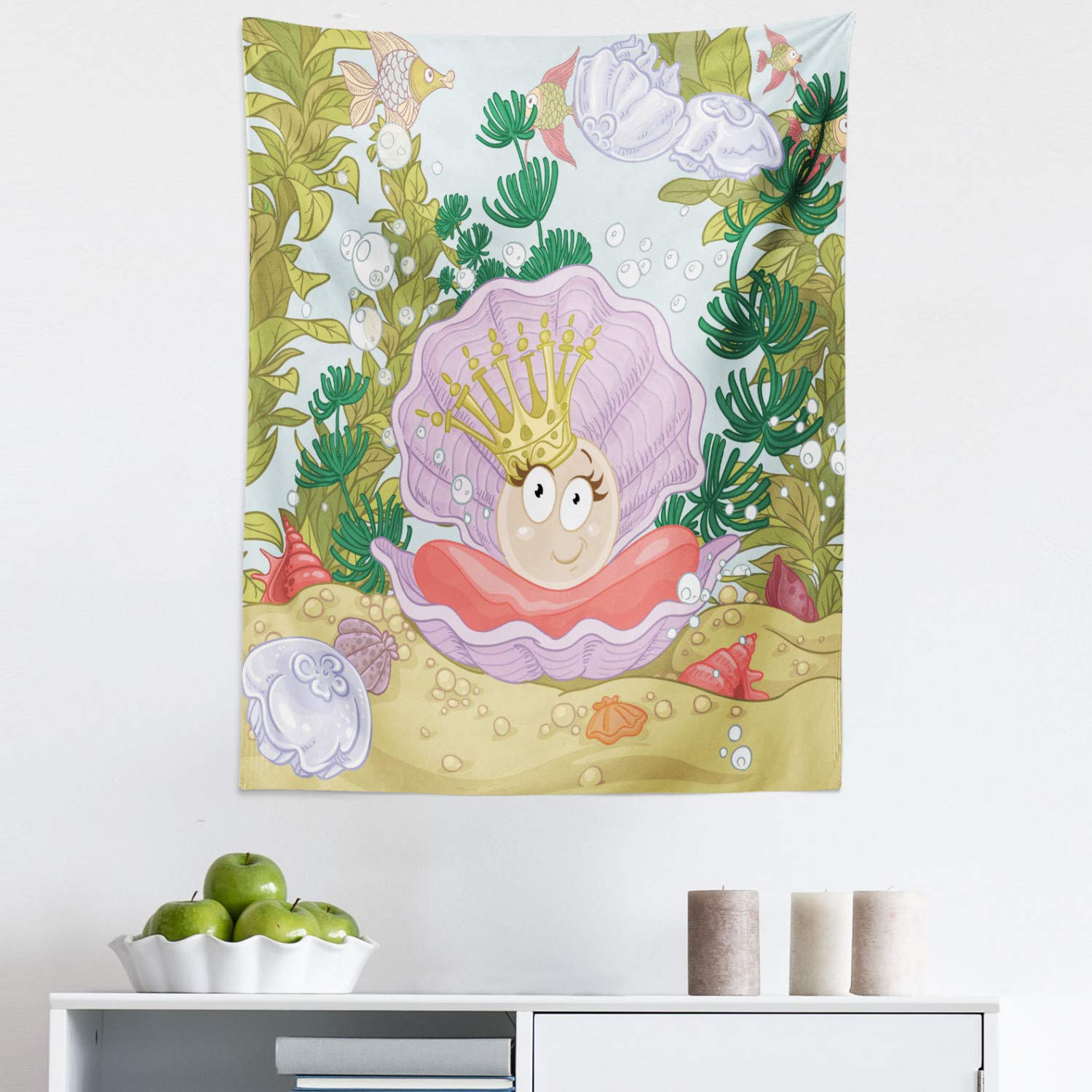 Ambesonne Pearls Tapestry King Size - Cartoon Pearl in Clam Crown Tiara Reef Print Wall Hanging, Bedspread & Wall Decor (23
