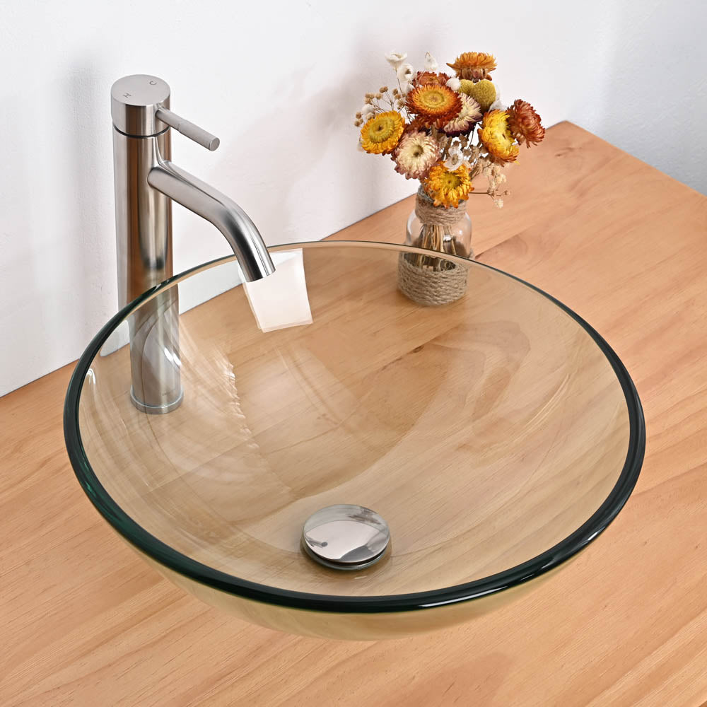 16 Inch Round Glass Vessel Sink - Modern Bathroom Vanity Basin for Contemporary Decor | Perfect for Powder Rooms, Master Baths & Spa Retreats