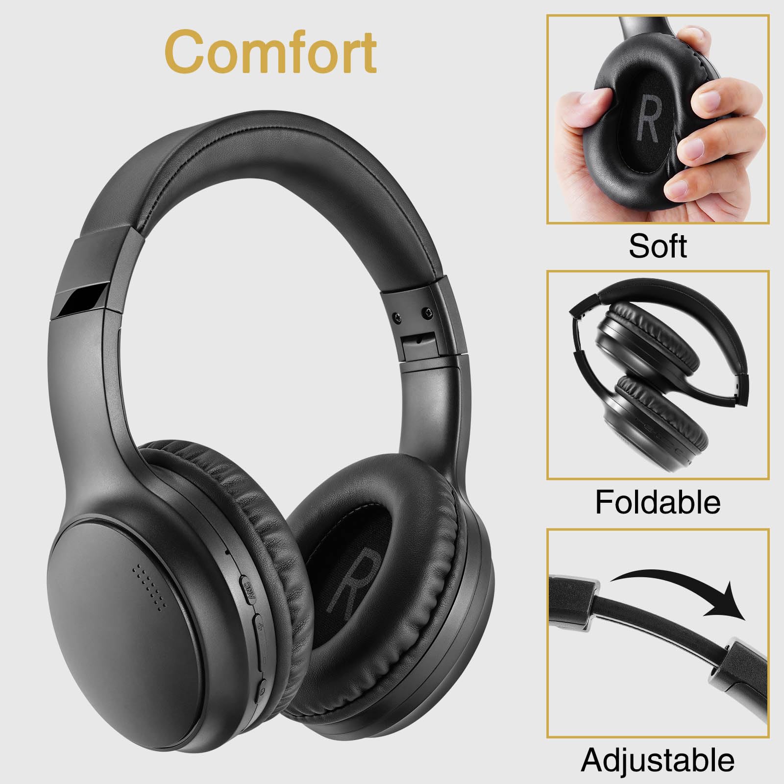 Wireless Headphones with Microphone - Lightweight Bluetooth 5.3 On-Ear Headset, 20+ Hours Playtime, Foldable Design for Travel & Commuting - A2 Beige & A10 Black ANC Headphones for Work, Gym, and Gaming