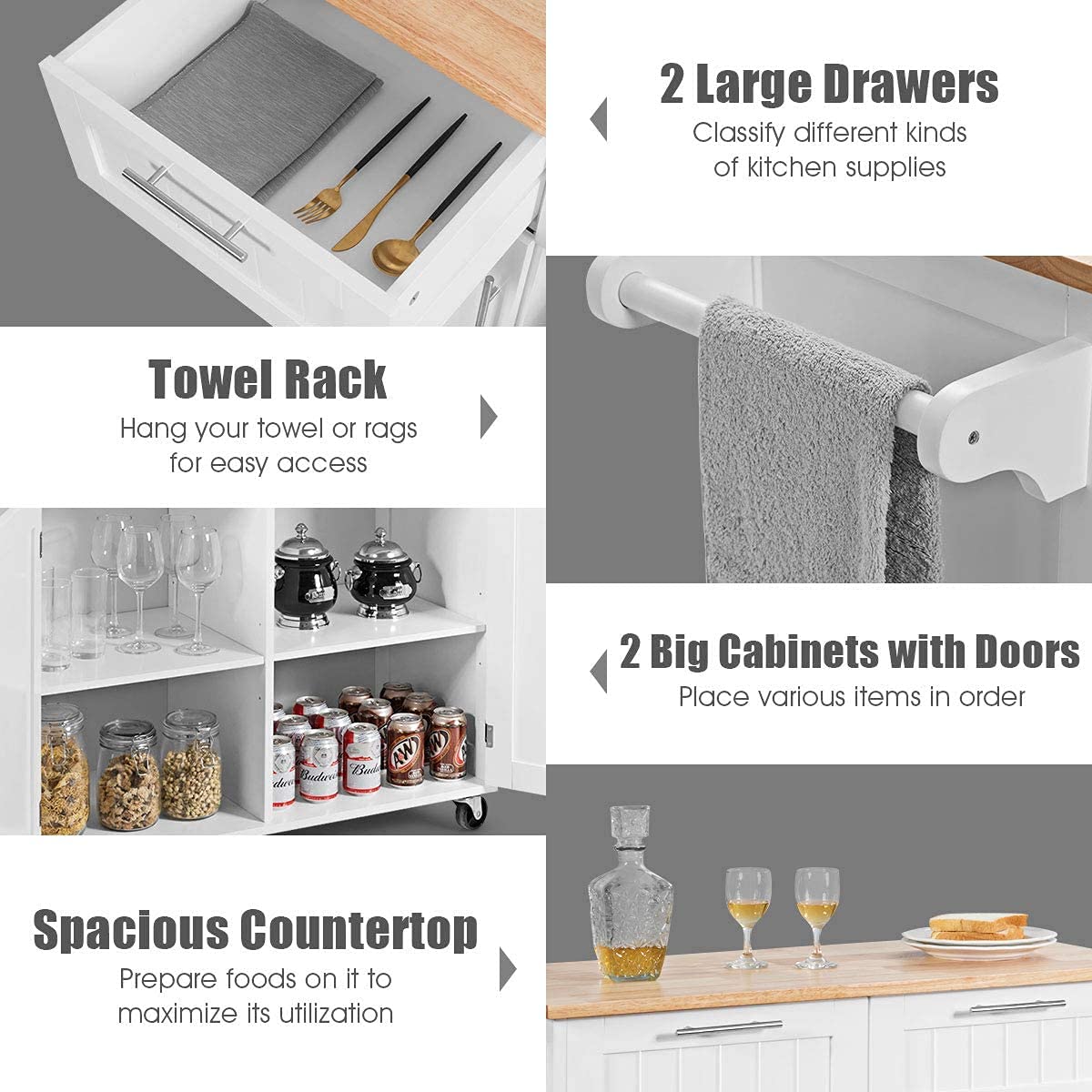 MAT Expert Kitchen Island Cart on Wheels - Rolling Storage Trolley with 2 Drawers, Large Cabinet & Wood Top - White Kitchen Utility Cart for Serving, Prep & Storage - Perfect for Small Kitchens, Dining Rooms & Mobile Cooking Stations