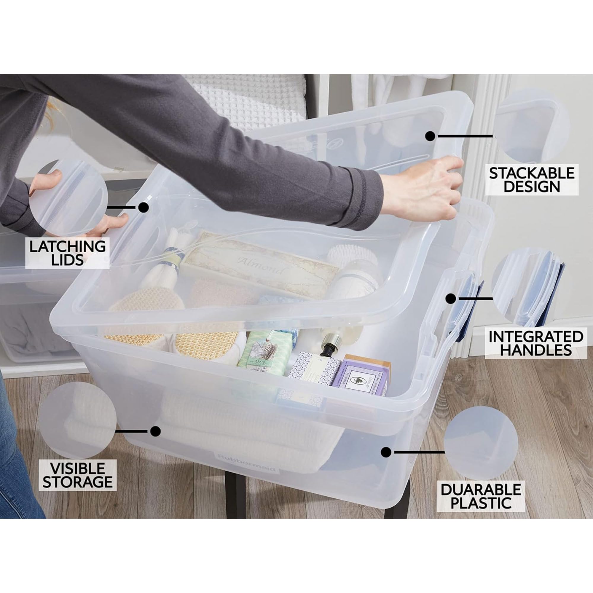 Rubbermaid Cleverstore 74 Qt Clear Plastic Storage Bins with Secure Latching Lids & Nesting Trays - 4-Pack Stackable Organizer Containers, BPA-Free, Made in USA - Perfect for Home, Office, Garage & Closet Organization