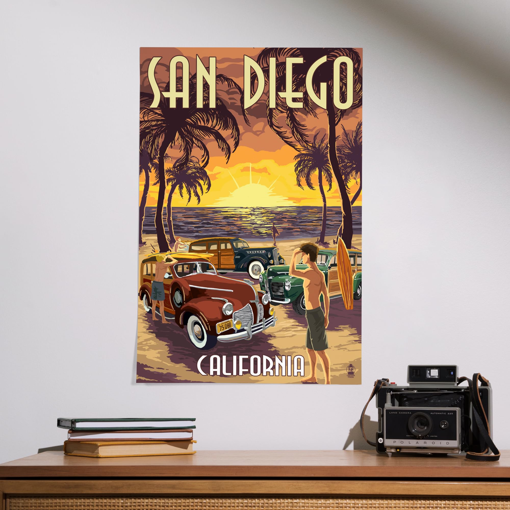 Lantern Press 16x24 Inch Giclee Art Print - San Diego California Beach Woodies Wall Decor - Perfect for Coastal Home, Office & Gift Giving