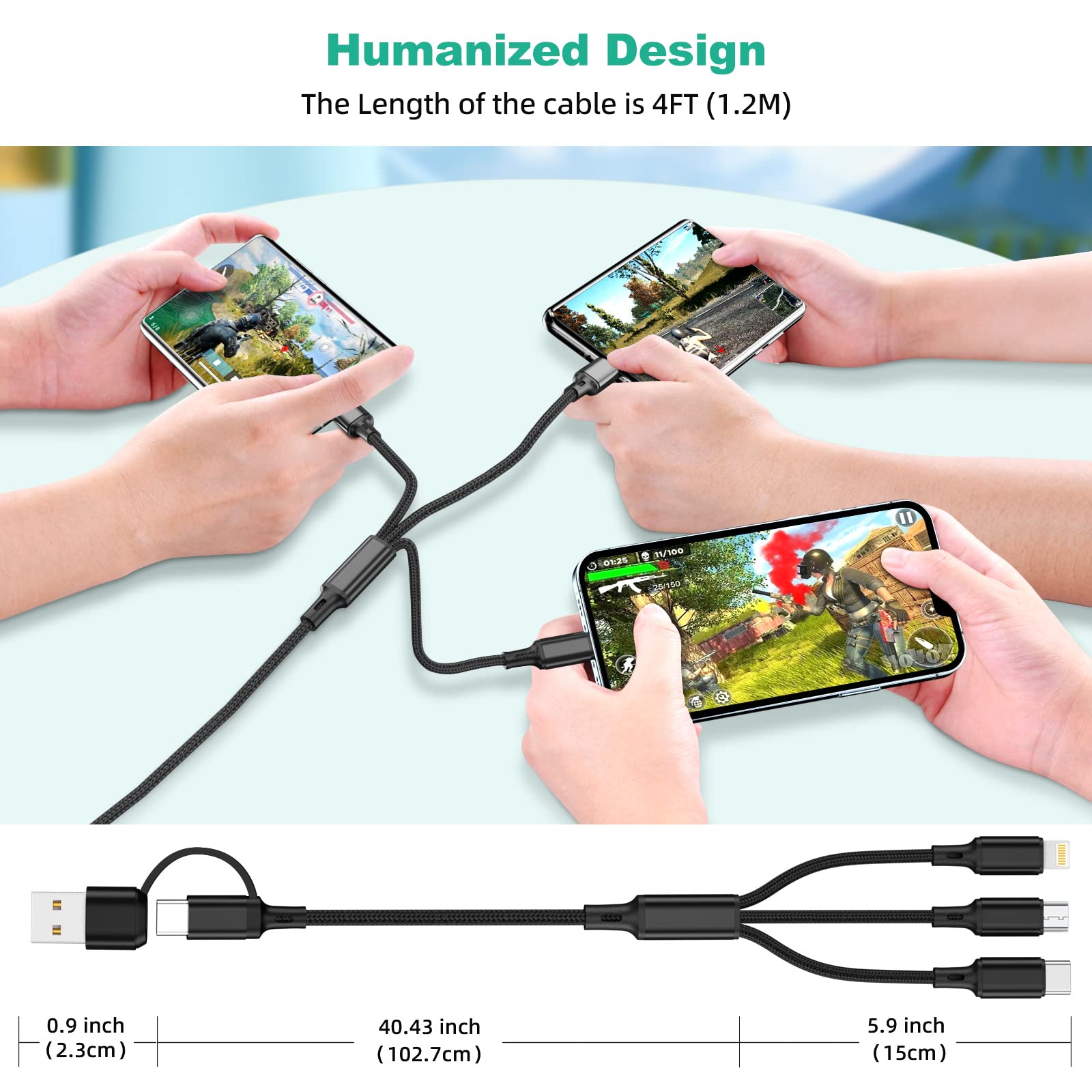 6-in-1 Multi Charging Cable 2 Pack (4ft) - USB A/C to USB C/Micro USB/Lightning Connector - Nylon Braided Universal Phone Charger Compatible with iPhone 15/14/13, Samsung Galaxy S23/S22 - Fast Charging Cord for Home, Office & Travel (Black)