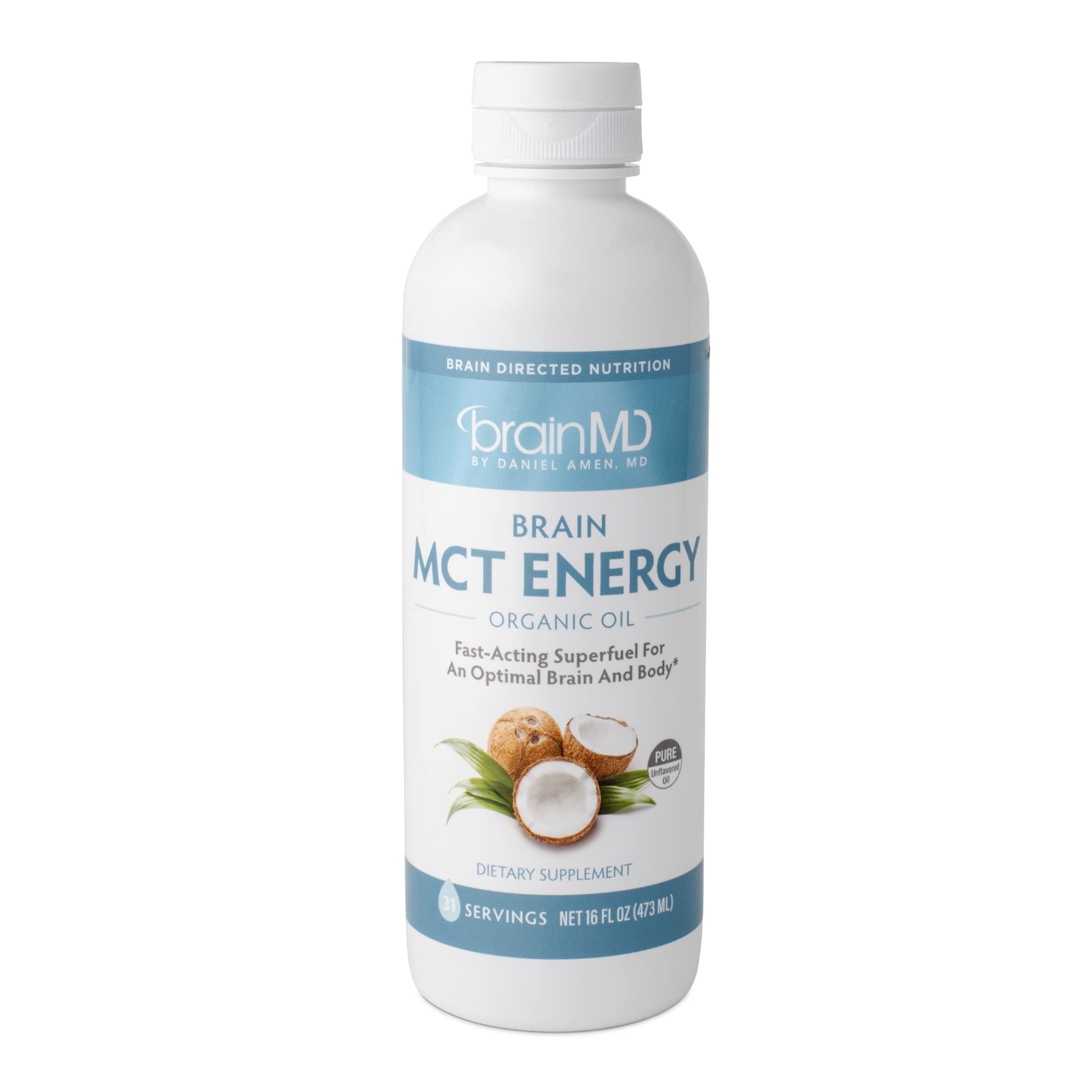 Dr. Amen BrainMD Brain MCT Energy Supplement - 16 fl oz Bottle | Supports Brain Function & Physical Energy | Enhances Focus & Satiety | Fast-Acting, Gluten-Free Formula (31 Servings) | Ideal for Workouts, Study Sessions & Keto Diets