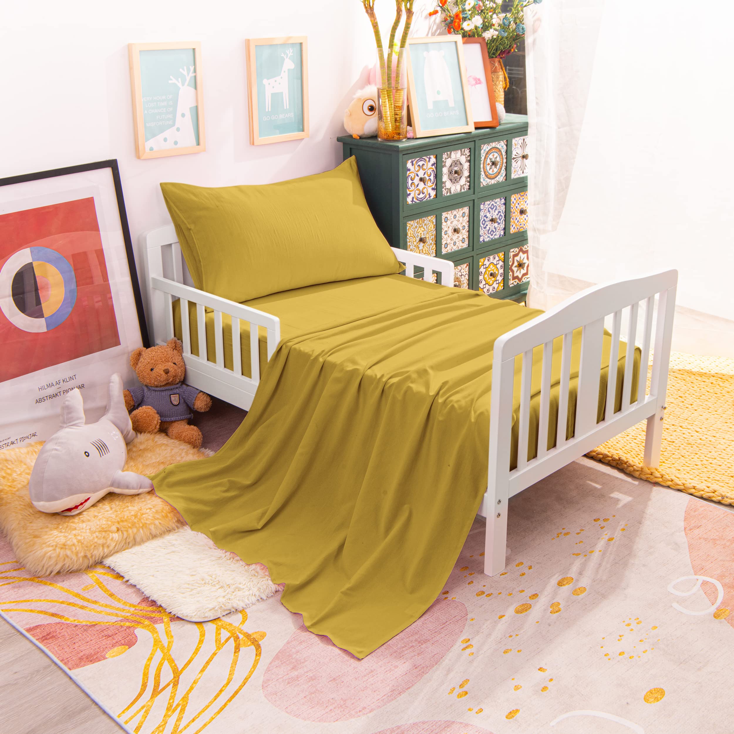 NTBAY 4-Piece Toddler Bedding Set - Soft & Breathable Crib Bedding for Boys & Girls | Quilted Comforter, Fitted Sheet, Flat Sheet & Pillowcase | Yellow Nursery Decor | Perfect for Daycare, Nursery & Toddler Rooms
