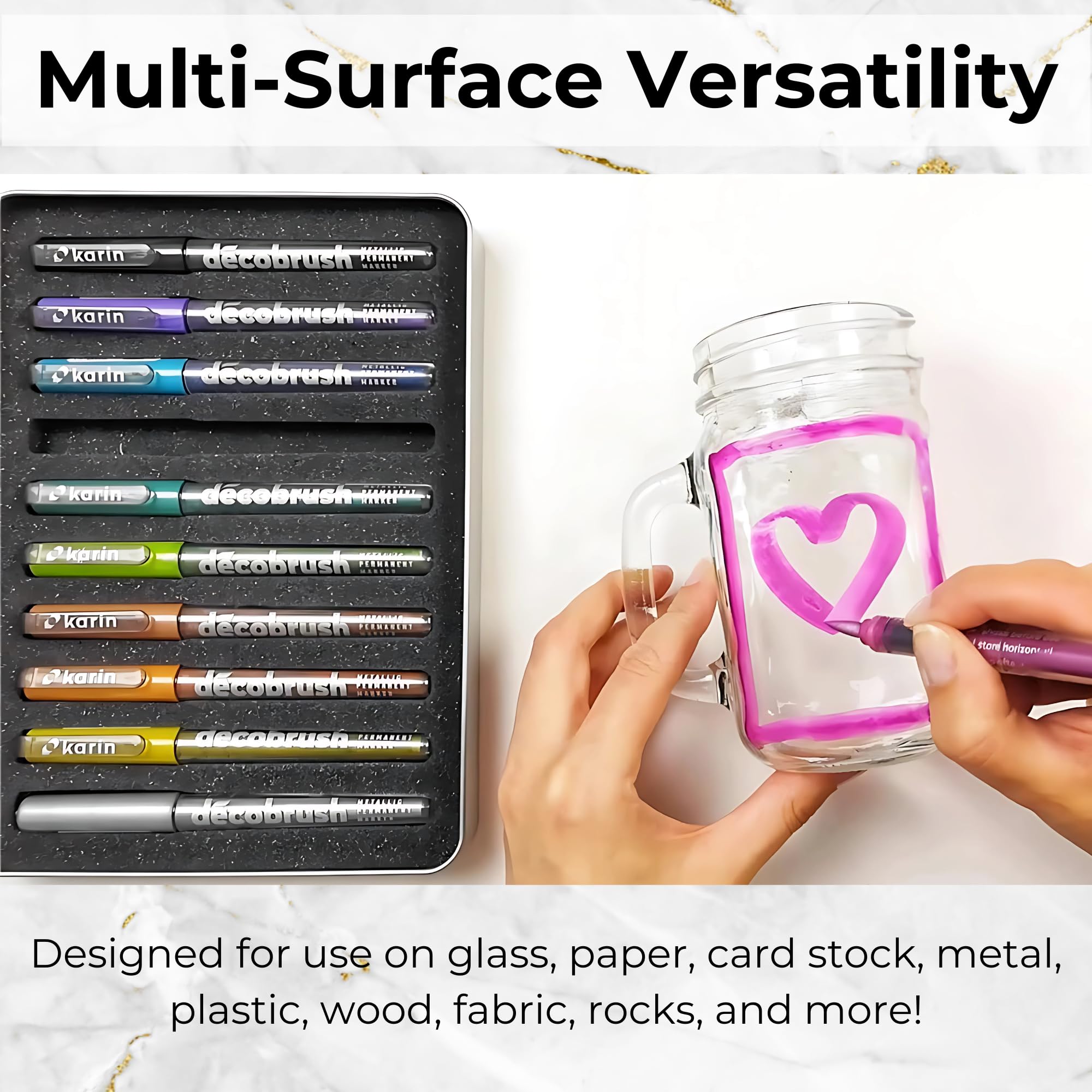 Premium Karin DecoBrush Metallic Markers Set - 10 Vibrant Permanent Paint Pens for Black Paper, Scrapbooking & DIY Crafts (Gold, Silver & More) in Metal Storage Box - Perfect for Calligraphy, Card Making & Art Projects