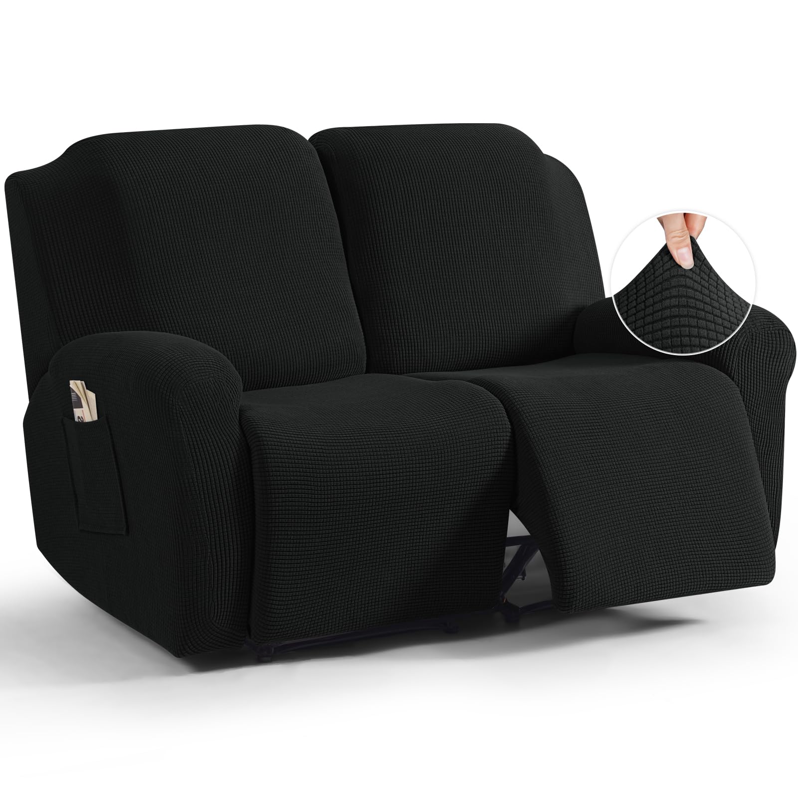 TAOCOCO 6-Piece Recliner Loveseat Slipcover - Stretchable Jacquard Sofa Cover for Dual Reclining 2-Seater Couches, Soft Furniture Protector with Elastic Edges (Black) - Perfect for Living Room, Family Room & Home Theater Seating Protection