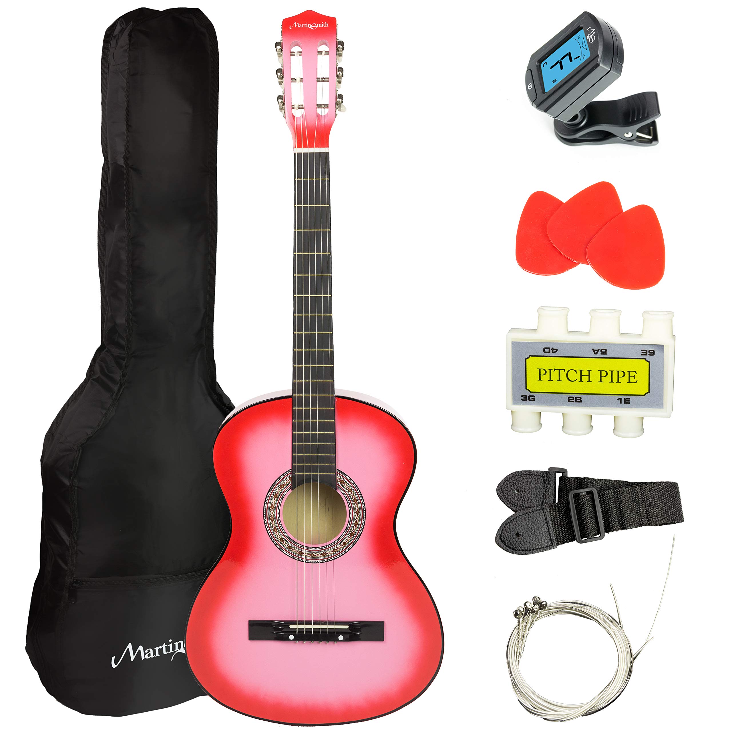 Martin Smith 38 Inch Acoustic Guitar Kit - Pink with Hard Case, Tuner, Strap, Picks & Extra Strings | Beginner Guitar Set with 2 Months Free Online Lessons | Perfect for Home Practice, Campfire Jams & Gift Giving