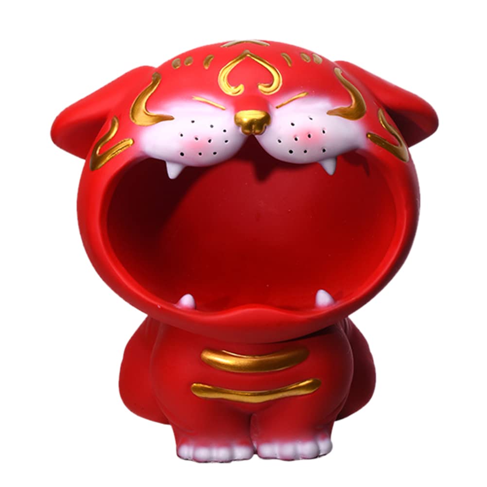 LUOZZY Resin Tiger Statue - Cute Big Mouth Candy Container & Snack Storage Holder for Home Decor (Red) | Perfect for Candy Storage, Key Organization, and Decorative Display in Living Room or Office