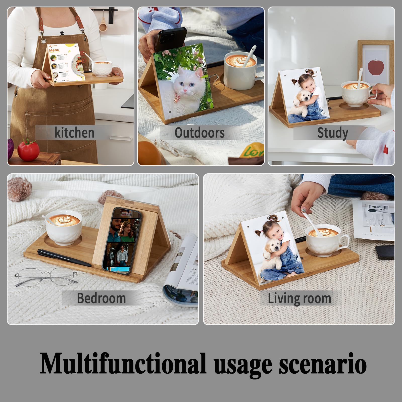 Bamboo Book Holder Stand with Acrylic Picture Frame - Adjustable Book Rest with Cup Holder for Reading - Perfect Tablet & Kindle Stand - Ideal Gift for Book Lovers - Great for Home, Office & Library Use