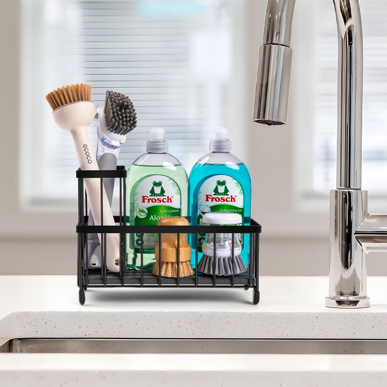Wetheny Sponge Holder for Kitchen Sink - Sink Caddy with High Brush Holder & Quick-Dry Diatomaceous Earth Base - Countertop Soap Dispenser & Kitchen Organizer - Perfect for Dishwashing, Cleaning & Kitchen Storage Organization