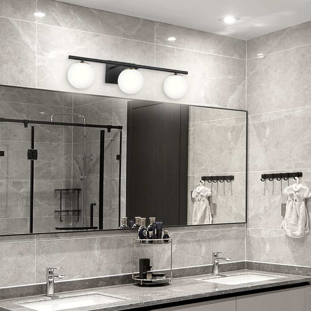 Modern Bathroom Vanity Light Fixture - 3-Light Brass & Black Wall Sconce with Milk White Glass Shades for Mirror Lighting | Perfect for Contemporary Bathrooms, Powder Rooms and Dressing Areas