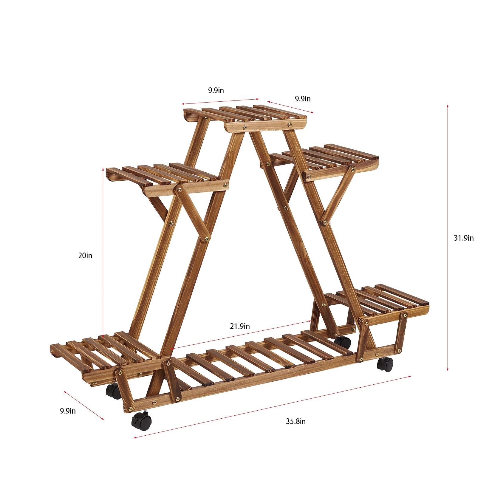 Triangular Plant Stand with Wheels - 6 Tier Carbonized Wood Flower Pot Holder Shelf for Indoor & Outdoor Garden Organizer - Gold Finish | Perfect for Balcony, Patio, and Home Decor Storage Solution