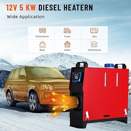 12V 5KW Diesel Air Heater with Remote Control & LCD Display - Portable Diesel Heater with Silencer for Cars, RVs, Trailers, Vans, Boats | Fast Heating for Winter Camping & Off-Grid Living