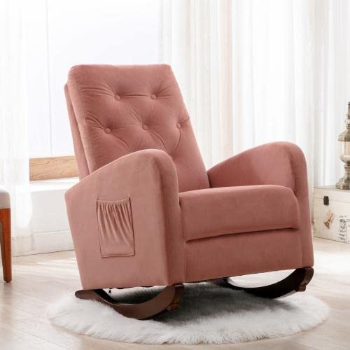 Modern Pink High Back Rocking Chair for Nursery - Comfortable Fabric Padded Seat Baby Room Rocker Armchair | Perfect for Breastfeeding, Reading & Relaxing in Nursery or Living Room