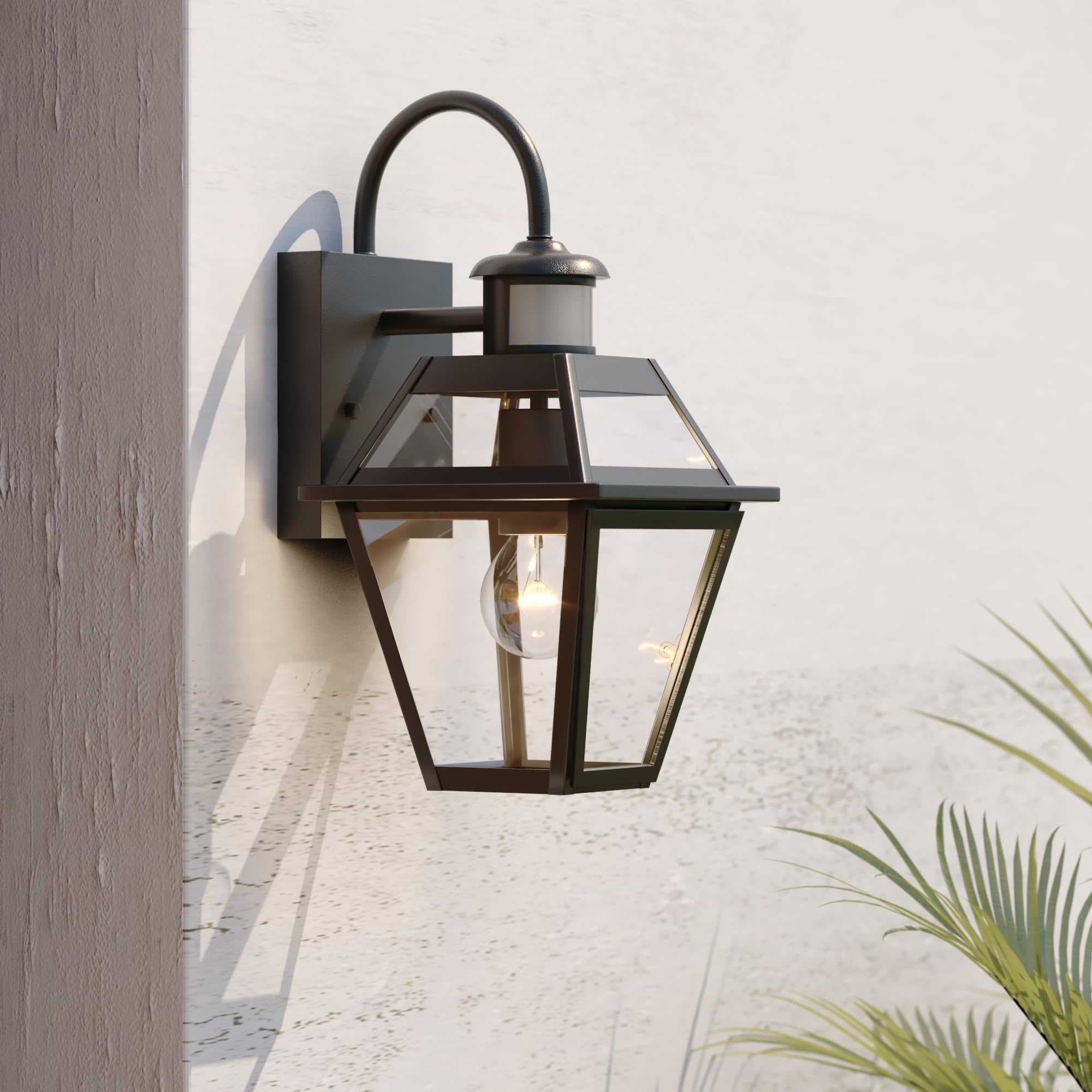 VAXCEL Nottingham 7-inch Black Motion Sensor Outdoor Wall Light with Clear Glass - Weatherproof Dusk to Dawn Security Lighting for Porch, Garage & Entryway